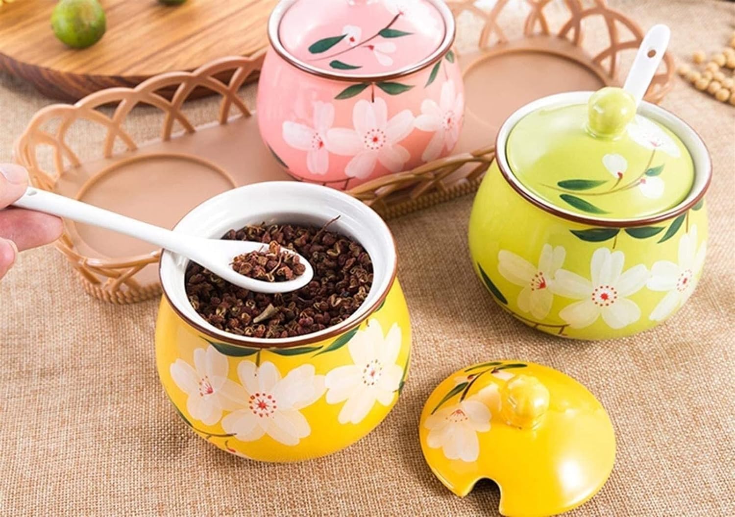 Bocal à épices, bol à sucre, tasse à sucre de fleur japonaise peinte à la main en céramique avec couvercle cuillère