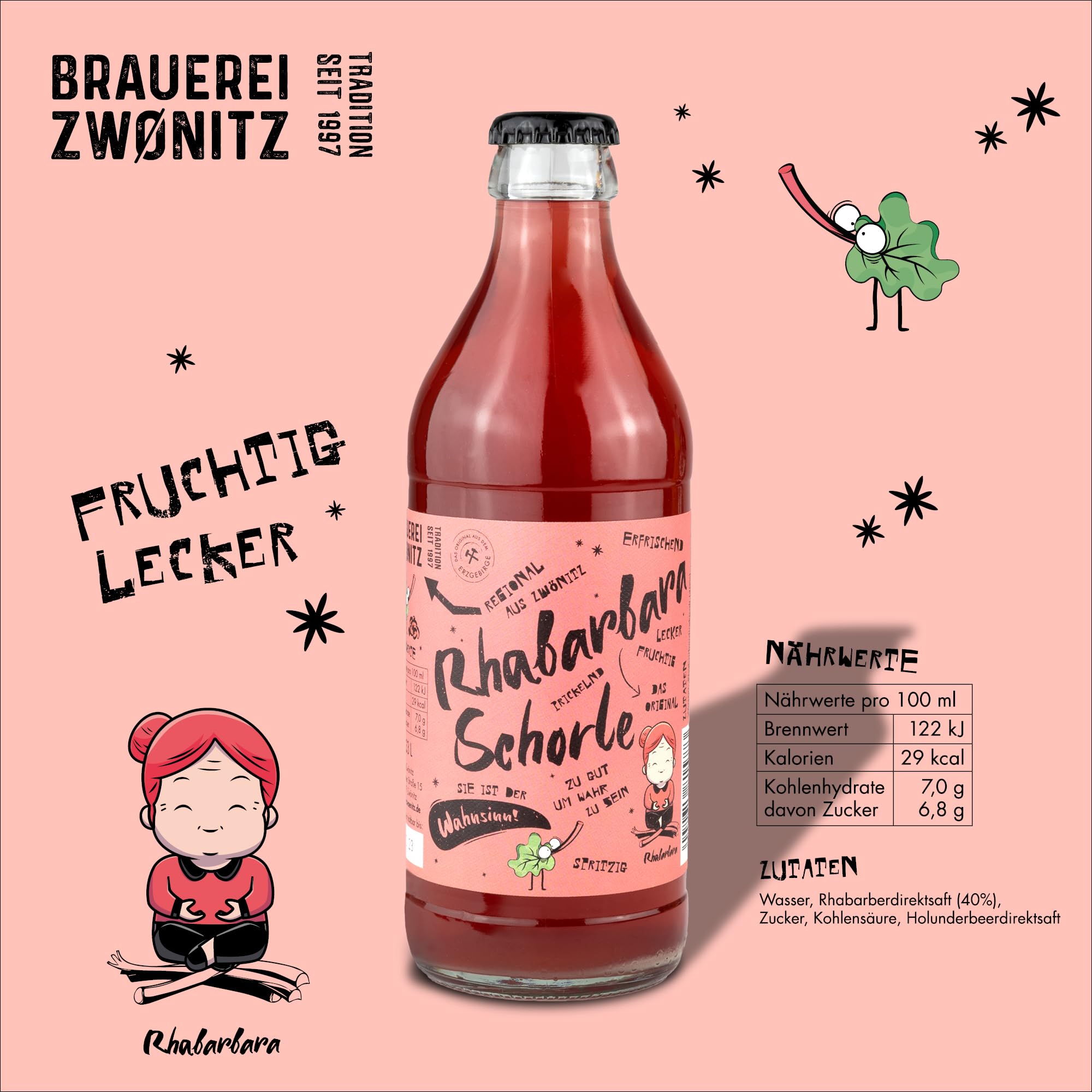 Brauerei Zwönitz Rhabarberschorle 18er Pack / 0,33 Liter Glasflaschen Rhabarbersaft Schorle/Erfrischende Rhabarber Limonade aus Sachsen