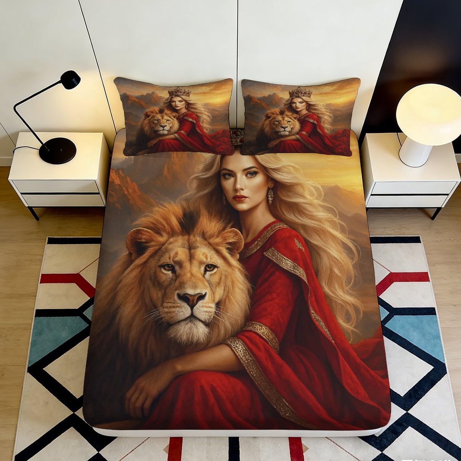 3D Printed Lion and Queen Fitted Sheet Microfiber Artistic Red Royal Portrait Bed Cover for Bedroom Guest Room 90x200x25cm