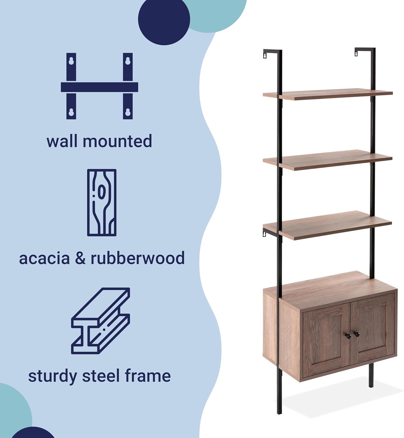 happimess MSH1002C Tulare 72.05" MidCentury Industrial 4-Shelf Wood Wall-Mounted Open Ladder Bookcase with Cabinet and Metal Frame, Brown/Black