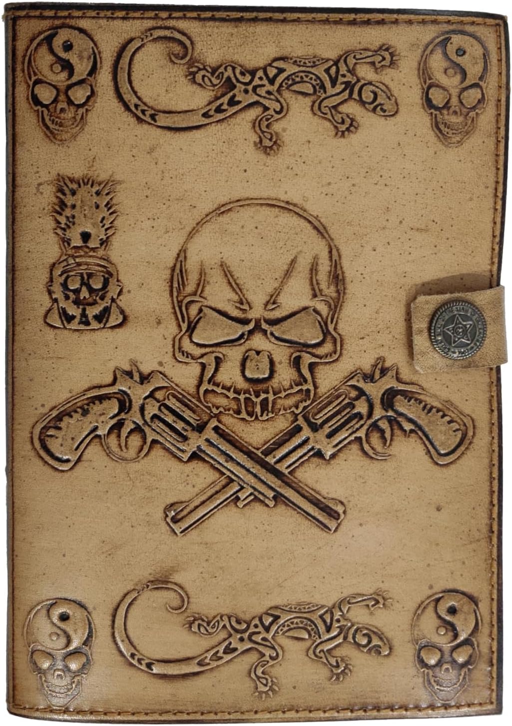 Purpledip Leather Diary Journal With Emboss Design 'Guns & Skull' Handmade Tree-Free Cotton Paper With Deckled Edges In Antique Finish, Vintage Lock, 7*5 Inches, 188 Pages, Eco Friendly Gift (12728)