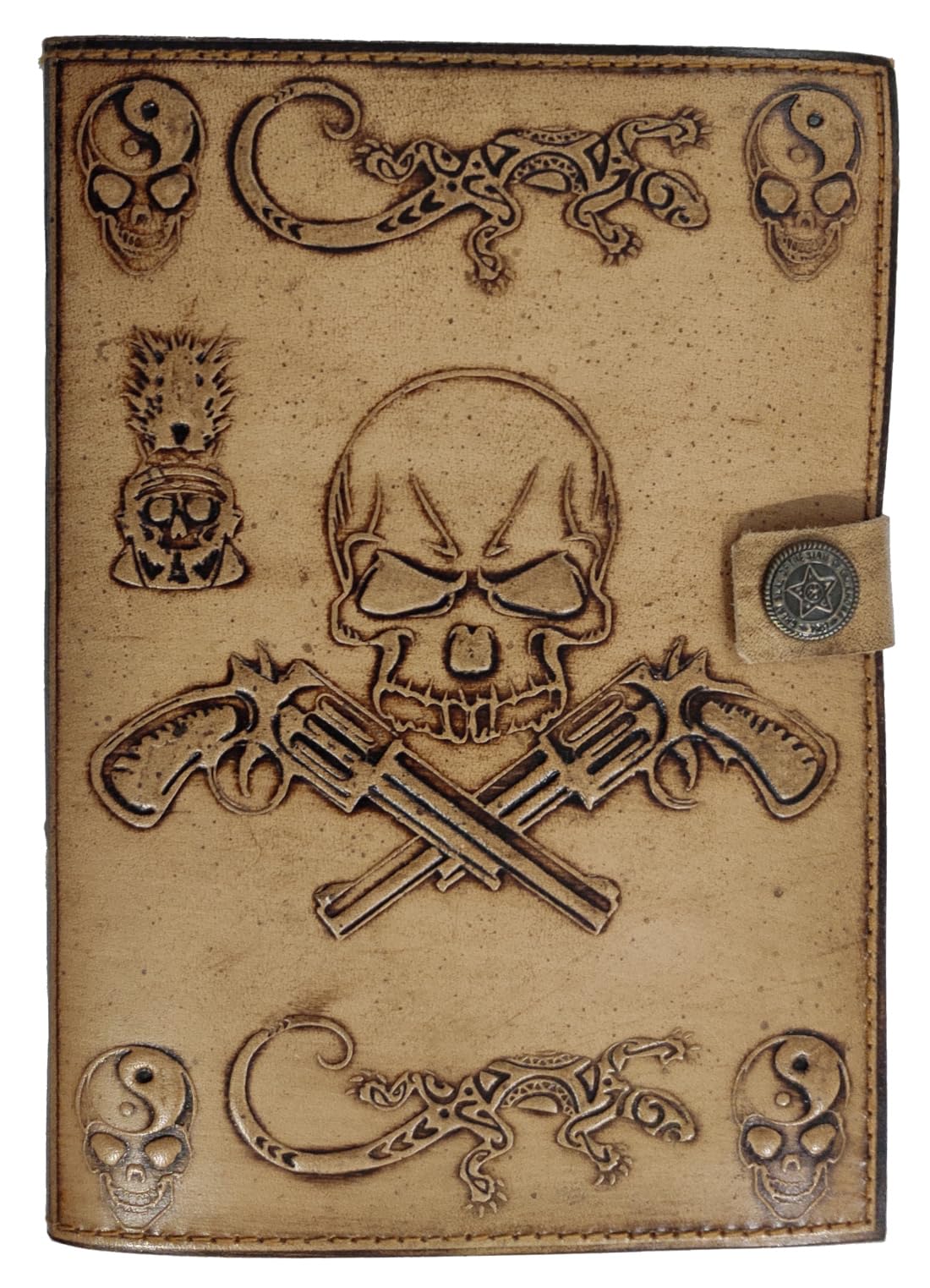 Purpledip Leather Diary Journal With Emboss Design 'Guns & Skull' Handmade Tree-Free Cotton Paper With Deckled Edges In Antique Finish, Vintage Lock, 7*5 Inches, 188 Pages, Eco Friendly Gift (12728)