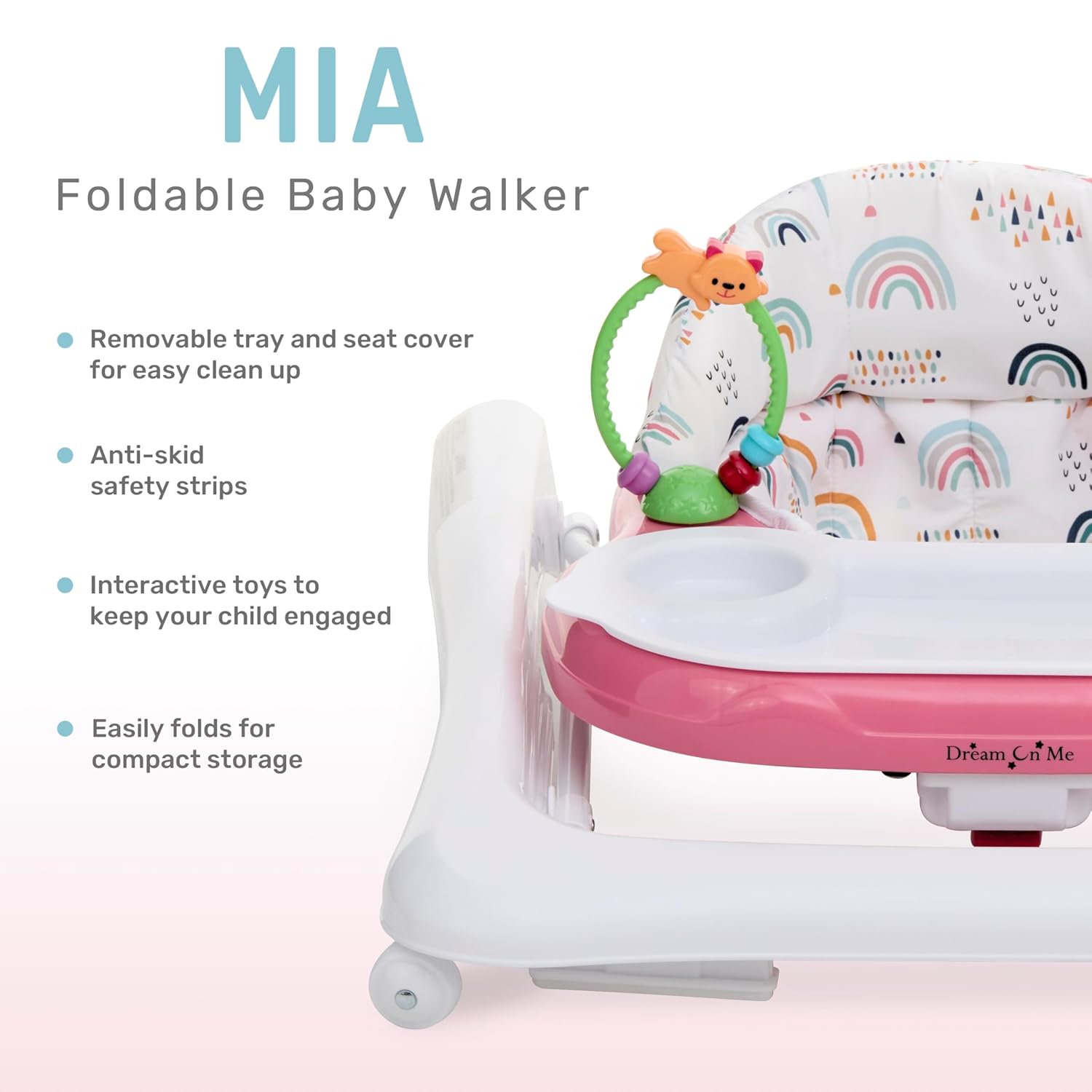 Dream On Me Mia Foldable Baby Walker in Pink, Foldable Walker with Adjustable Heights, Removable, Machine Washable High-Back Padded Seat, Suitable for 6-12 Months