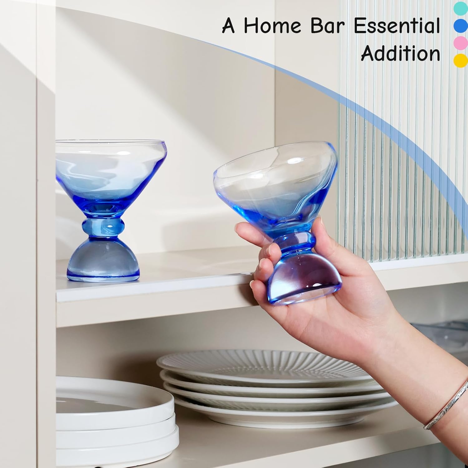 NUTRIUPS Hand-made Stemless Martini Glasses, Blue Heavy-duty Solid Glass Base Cocktail Glasses, 7oz Aroma-Locking Rim Glasses for Home Bar Party Gifts