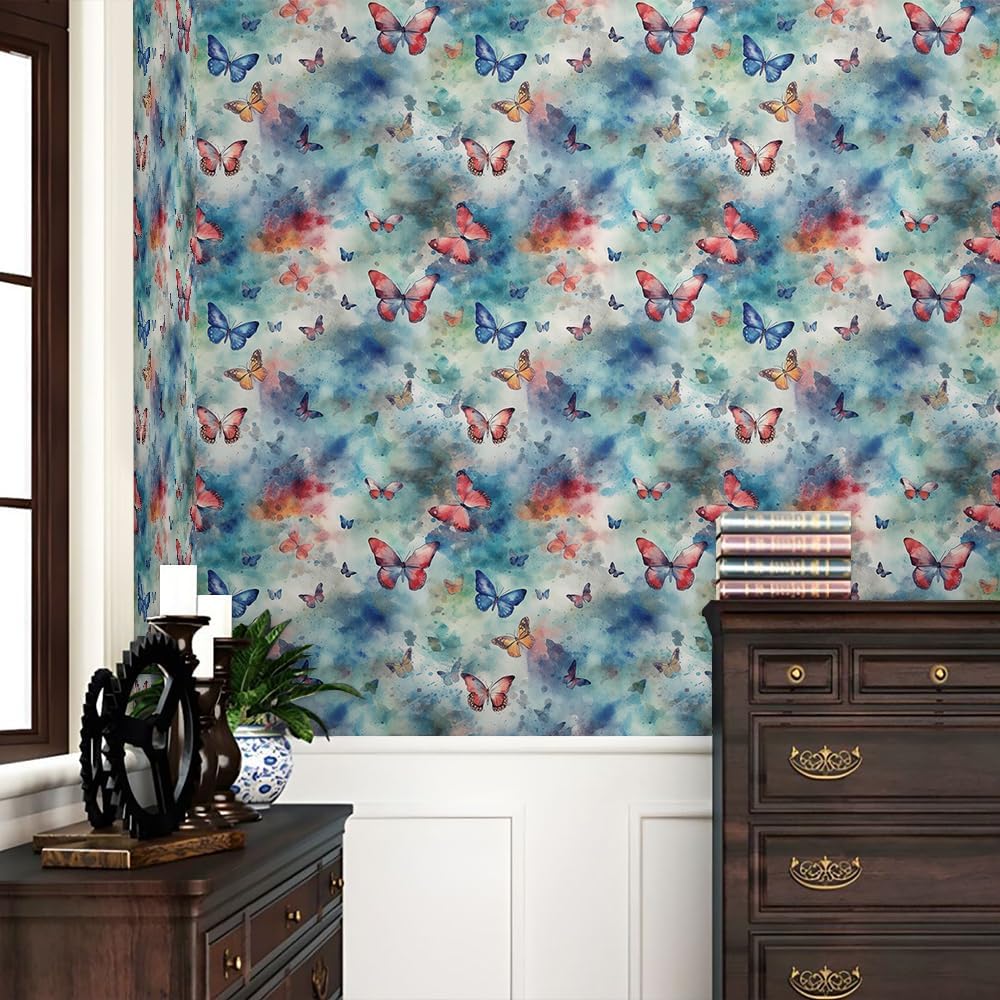 REDAMANCY Watercolor Spray Modern Colorful Butterfly Peel and Stick Wallpaper Vintage Wall Paper Stick on Contact Paper Easy Peel Off for nightstand Drawer Renter Friendly 17.7"x236"