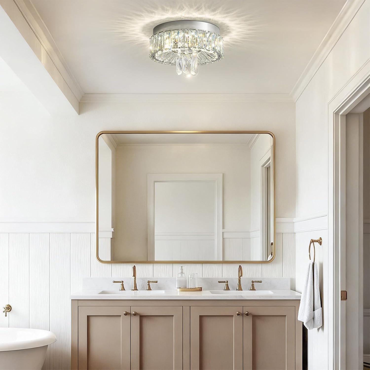 Modern Flush Mount Crystal Chandeliers: 12" Silver Small Ceiling Light LED Dimmable With Remote - Mini Round Semi Chandelier Crystal Foyer Lighting Fixtures For Bedroom Dining Room Entryway Hallway