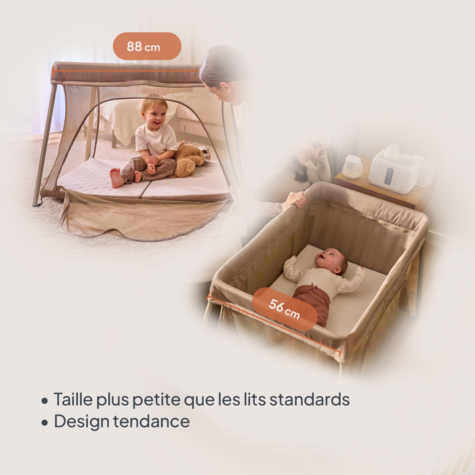 lionelo Lit de Voyage Bébé Parc Enfant 3en1 Alice de 0 à 15 kg Matelas en Mousse, 2 Niveaux de Hauteur, Pliable, Petit, Léger, Entrée Latérale, Sac de Voyage (Beige)