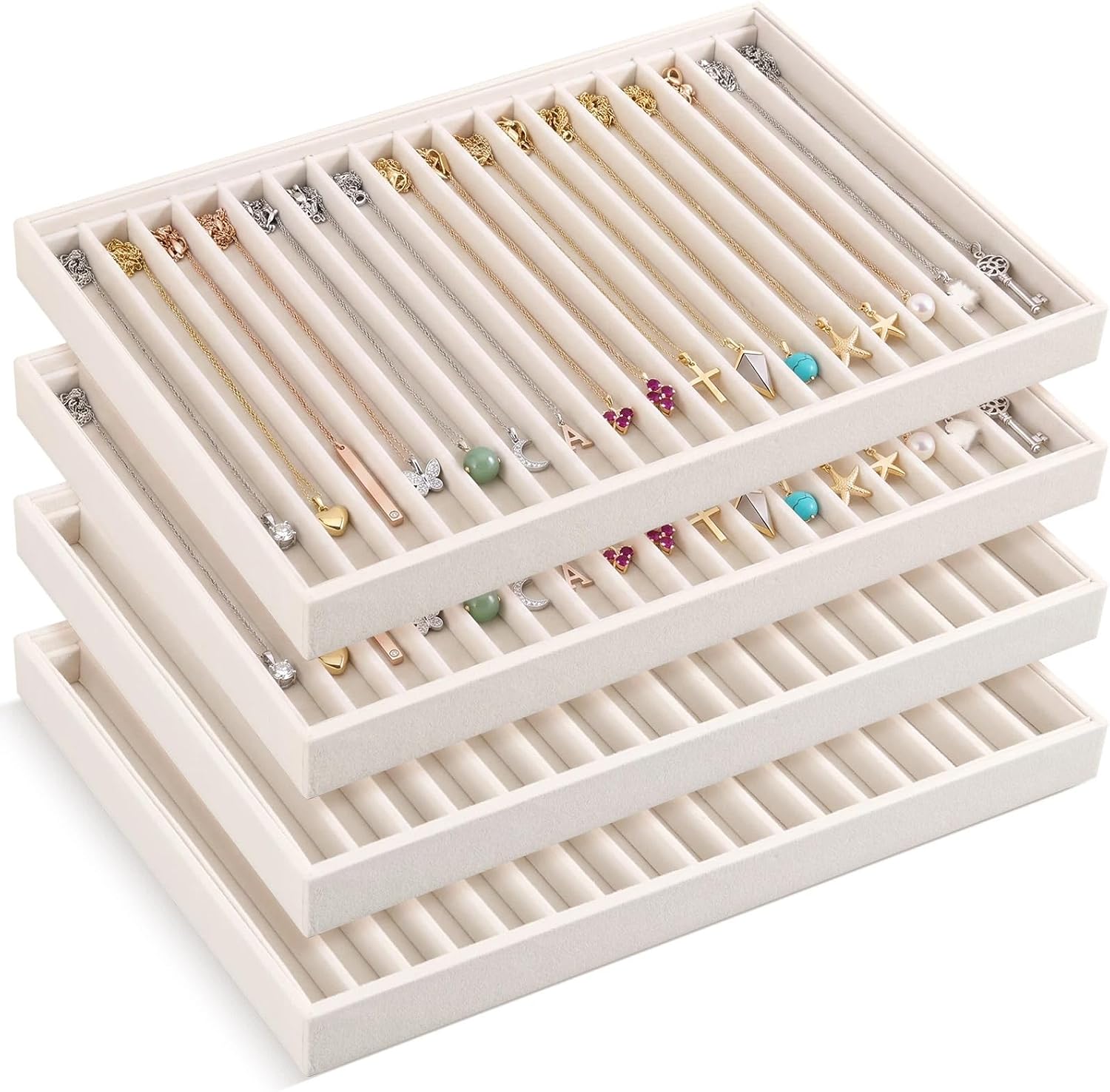 Cinnvoice 4 Pcs Large Stackable Jewelry Organizer Tray Velvet Bracelet Ring Necklace Trays for Display Selling Bangle Earring (Beige,Flat Tray)