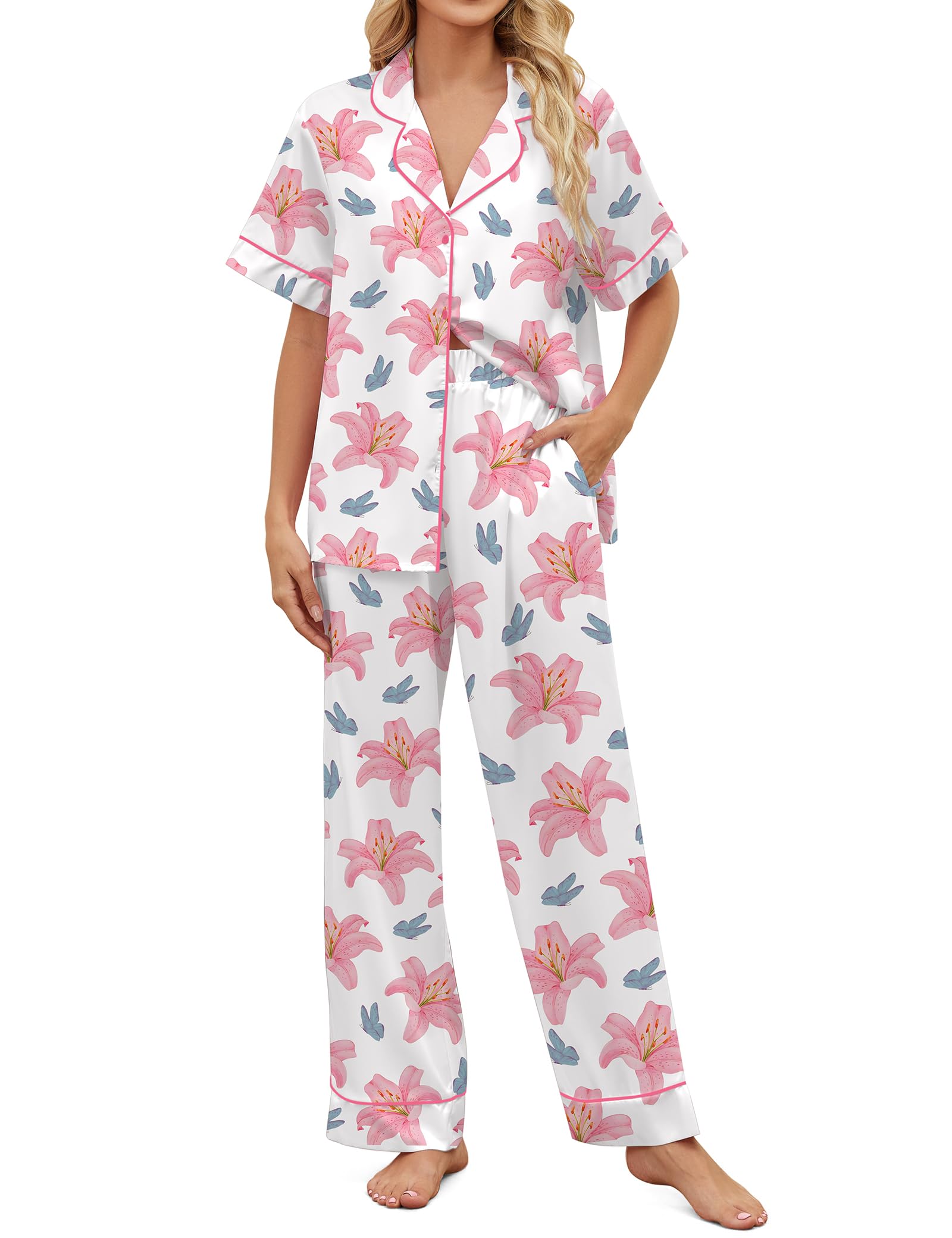 SHESHOW Satin Pajamas for Women Set Button Down Sleepwear Print Pjs Set 2 Piece Short Sleeve Long Loungewear Size XS-XXL