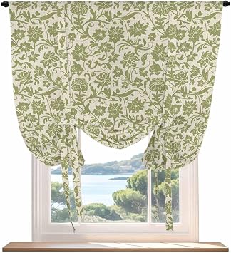 Vintage Botanical Green Tie Up Curtains for Kitchen Bathroom Bedroom Windows 45 Inch Length, Farmhouse Ethnic Floral Balloon Drape Curtains Shade Rod Pocket Drapery Curtain Panel, 42"x54"