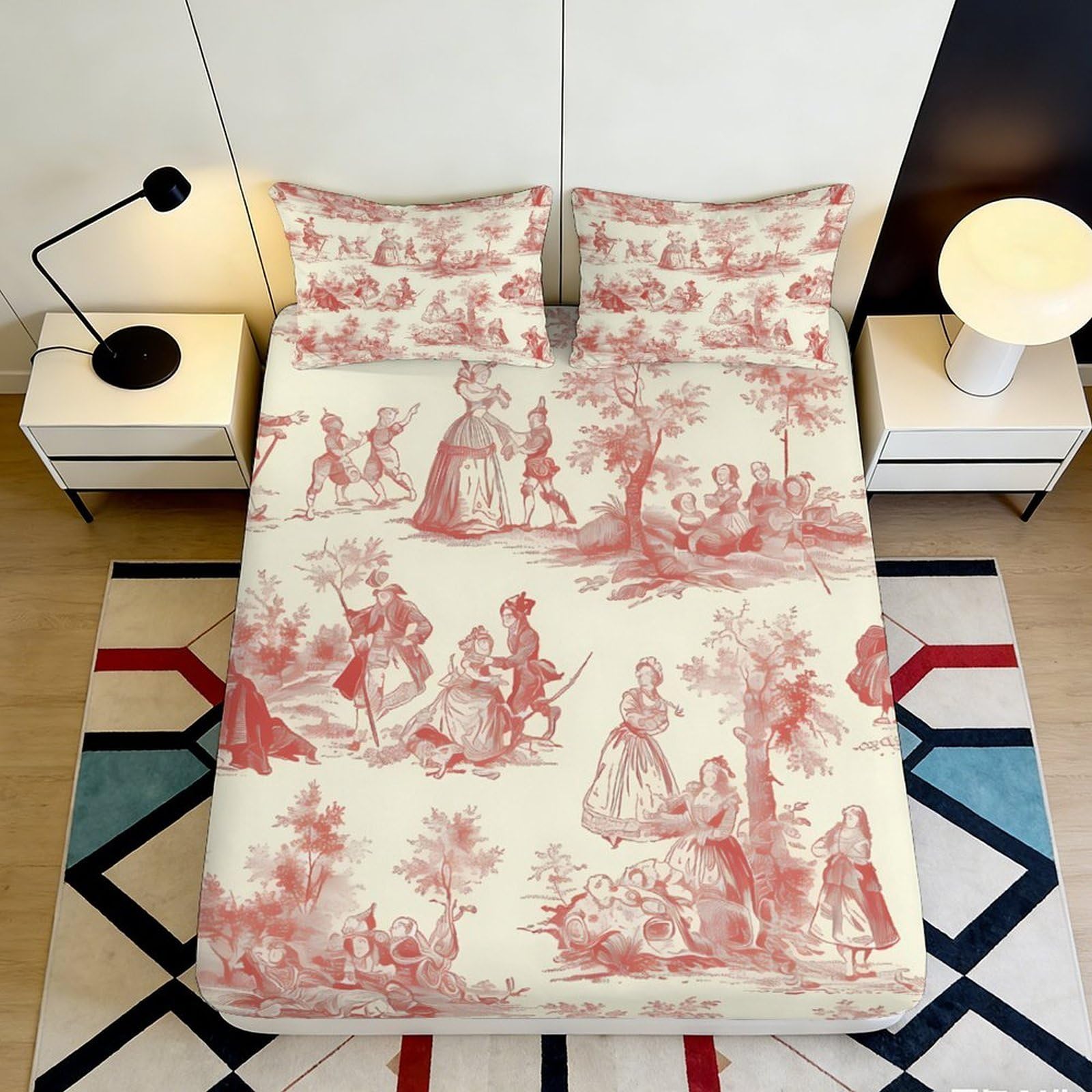 3D Printed Vintage Toile de Jouy Fitted Sheet Microfiber Soft Breathable French Pastoral Mattress Cover for Bedroom Guest Room Decor 90x200x25cm