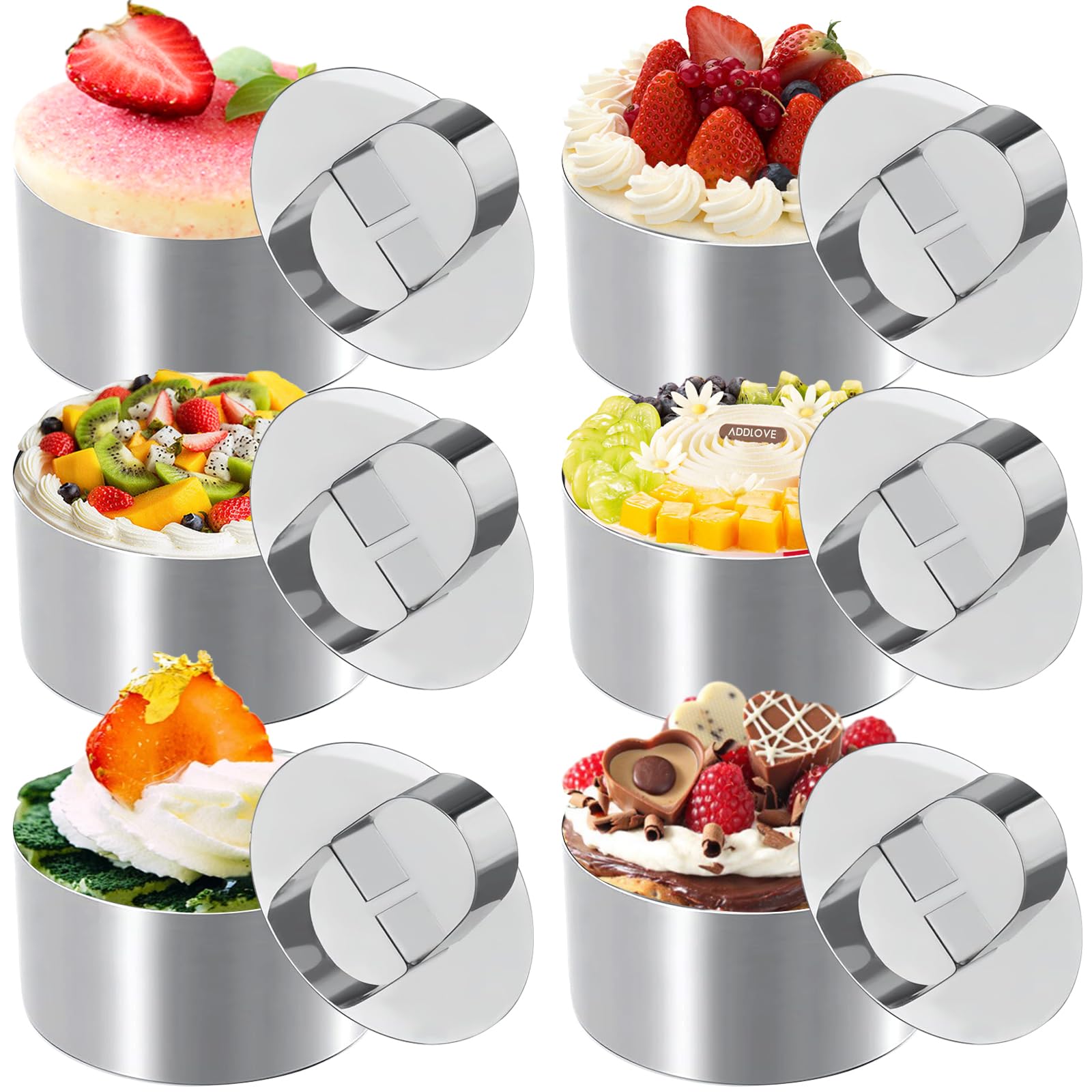 6Pcs Round Food Rings with Pusher 8cm, Cooking Cake Circle Mould Set, Stainless Steel Ring Moulds with Press, Non-Stick Baking Tools Mold for Family Eggs Pastry Mousse Desserts, Crumpets, Cheesecake