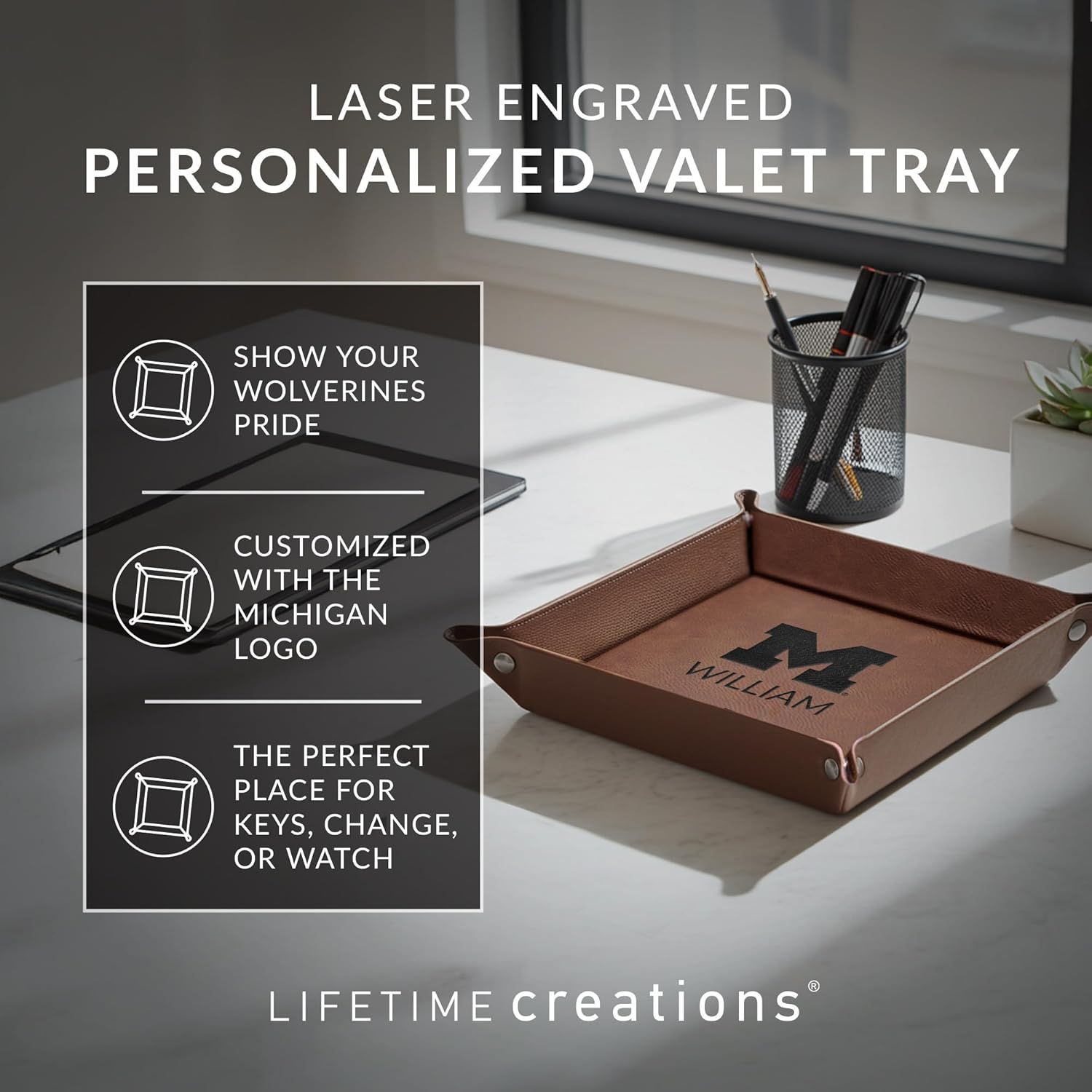 Lifetime Creations Personalized Michigan Wolverines Valet Tray (Gray) - Officially Licensed, Vegan Leather Men's Catchall Dresser Tray, Father's Day, Birthday Gift for Fan