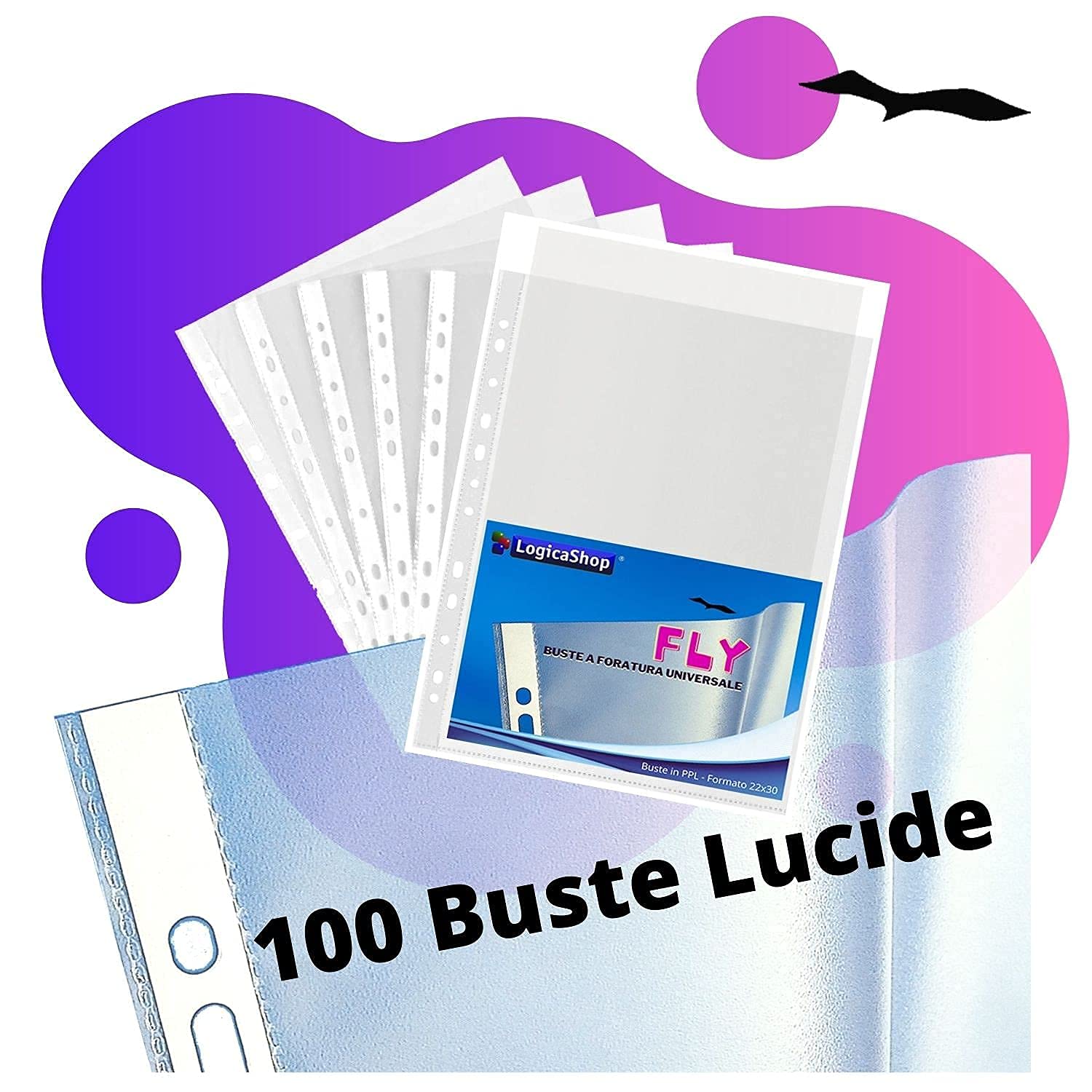 Fly Buste Forate Trasparenti per Raccoglitori ad Anelli A4, Cartelline Plastica (Lucide, 100 Pezzi)