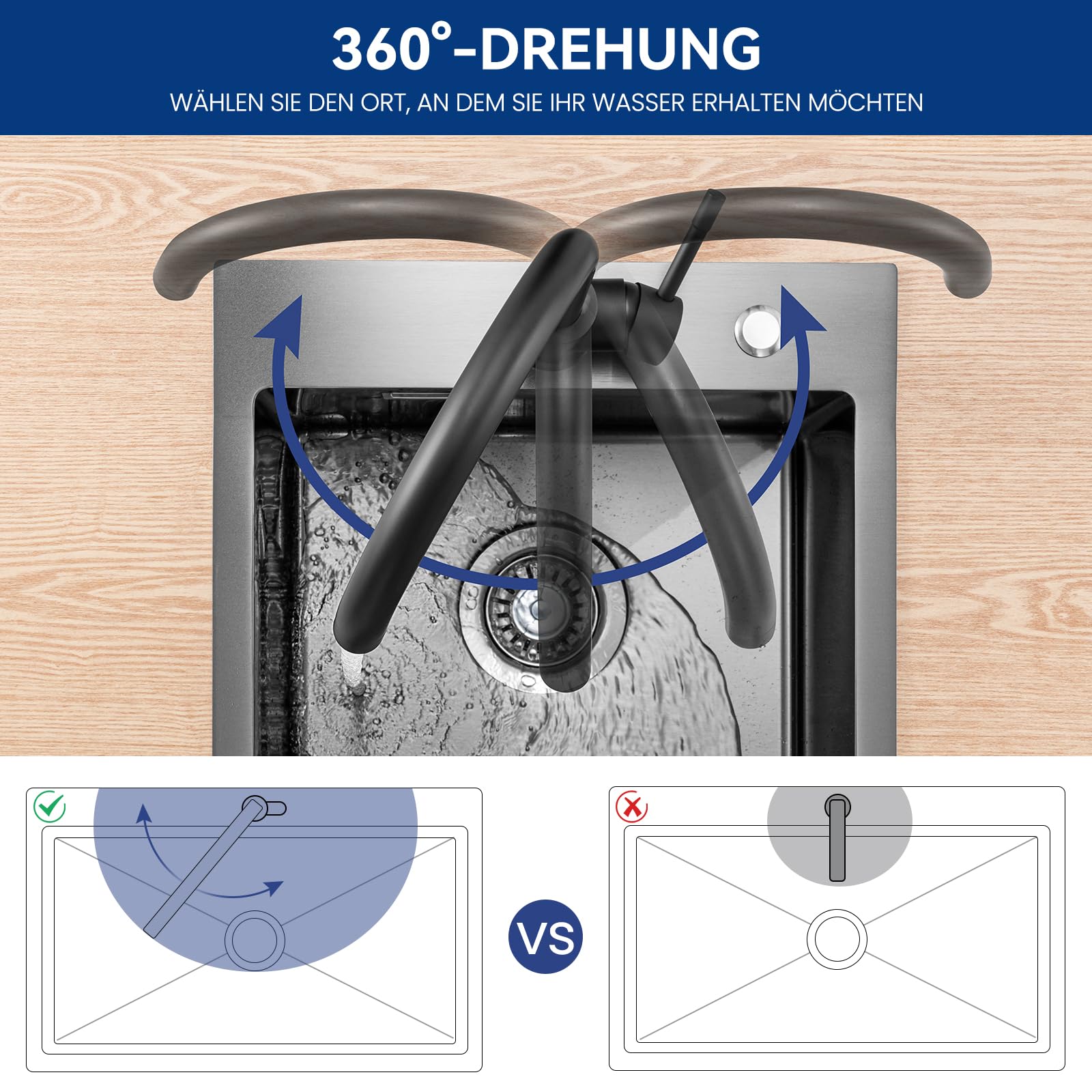CECIPA Wasserhahn Küche Schwarz 360° Schwenkbar, Hochdruck Küchenarmatur Schwarz, Mischbatterie Küche mit Hohem Bogen, Einhebel Armatur, Spültischarmatur Edelstahl, G3/8 Anschluss Armatur | 360 Grad schwenkbar, hoher Bogen, Einhebelbedienung, G3/8 Anschlu