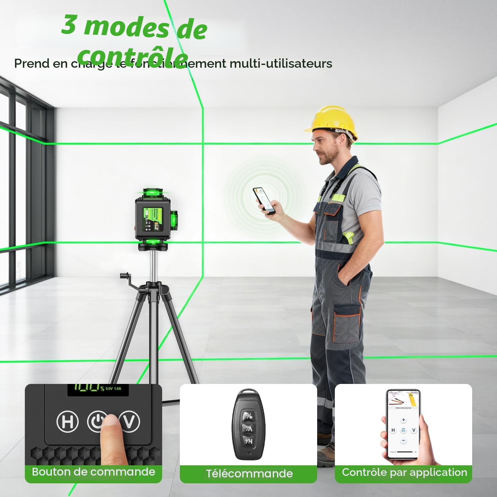 Niveau Laser avec Trepied 4 x 360°, 4D 16 Lignes Laser Chantier avec 2 x 4800mAh Batterie & Affichage LED, Niveau Laser 360 Autonivelant, APP, Télécommande, IP54 Étanche et Anti-Poussière