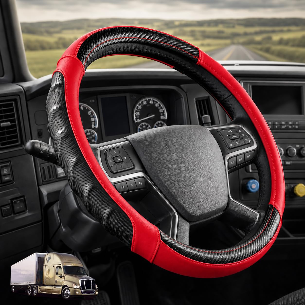 18 Inch Semi Truck Steering Wheel Cover for Freightliner Cascadia, Kenworth T680 T880, Peterbilt 579 &amp; Volvo VNL – Heavy Duty Anti-Slip Leather Grip for Big Rig Class 8 Trucks – Red