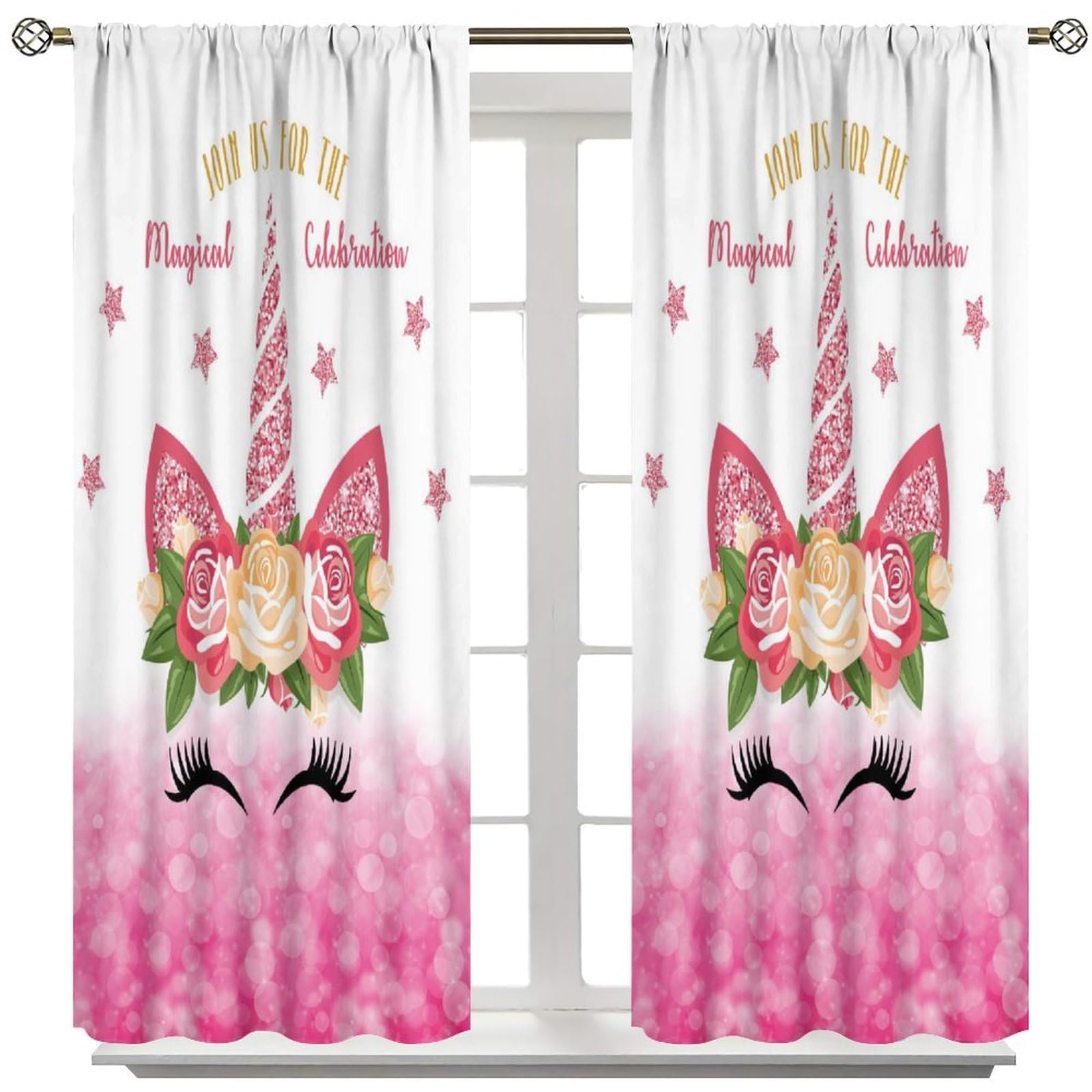 Yearn Jear Kids Unicorn Curtains, Rainbow Pink Gold Princess Window Curtain for Girls Kids Baby Room Living Room Window Treatments 2 Panels Sets, 42x54 Inch Blackout