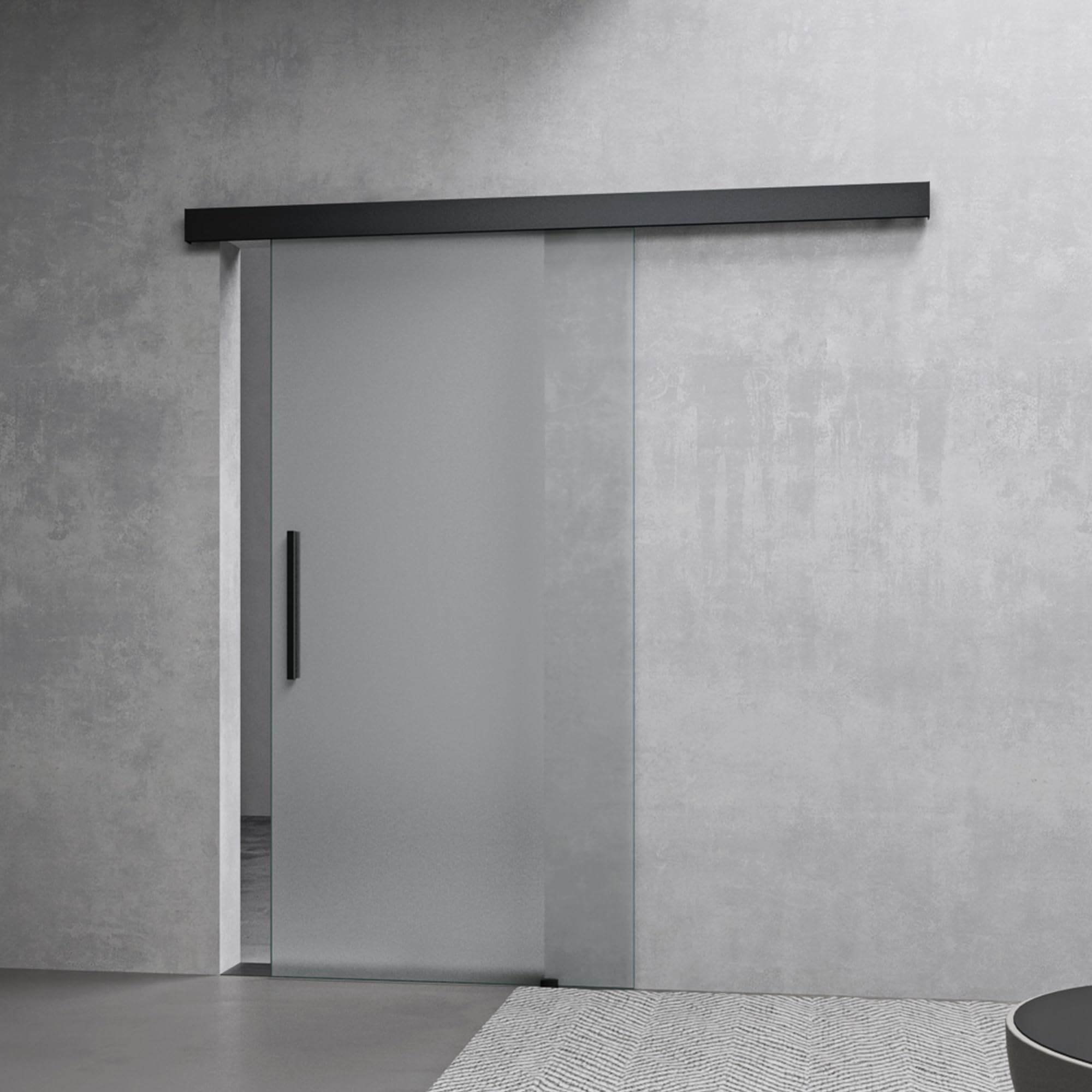 Mai & Mai Porta Scorrevole in Vetro 102.5x215cm, Porta Scorrevole in Vetro Satinato 8mm con Binario e Maniglia Per Asta, Distanza dal Muro 25mm, Nero, Amalfi-plus 14H