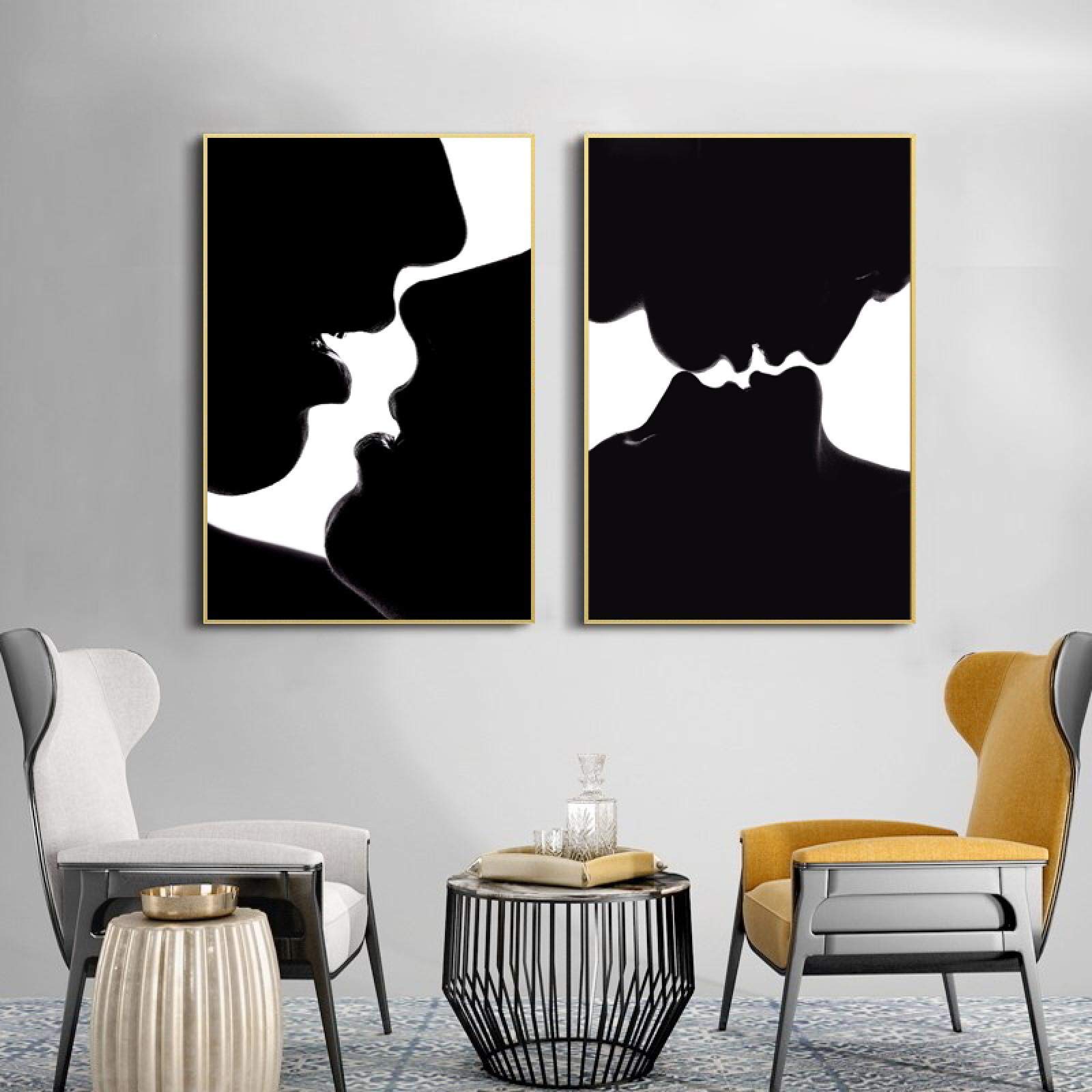 Giovane coppia innamorata bacio immagini per soggiorno arredamento moderno in bianco e nero ritratto poster e stampe wall art pittura su tela 45x30cmx2pcs Frame interno