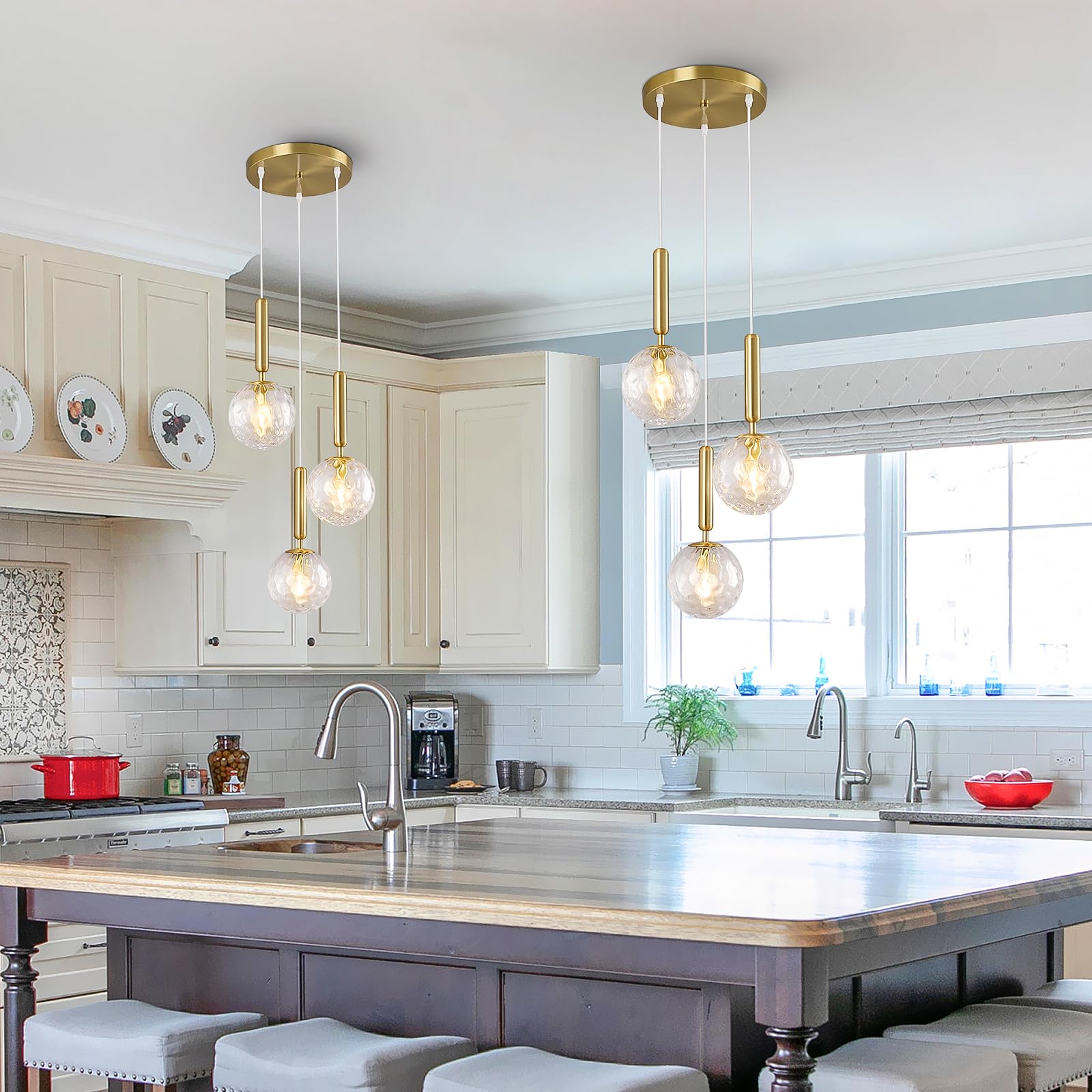 Moderne Gold Leuchte Pendelleuchte für Kücheninsel Mid Century Pendelleuchten mit Kugel Klarglas Weißglas Pendelleuchte für Esszimmer Bad Eingang Schlafzimmer(3-Licht)