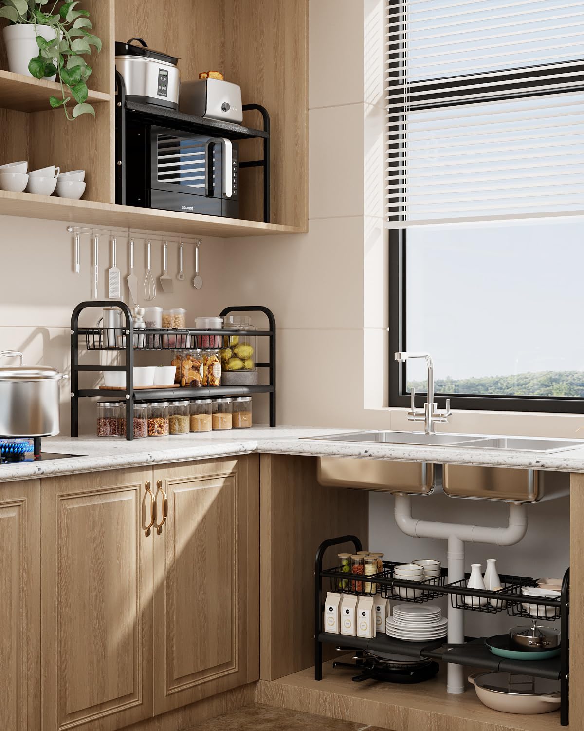 SUNZOS Organizzatori sotto il lavandino, confezione da 2 organizer espandibili per armadietto, con 4 pannelli rimovibili e 3 cesti, organizer da sotto il bancone, per cucina, bagno, scarpiera