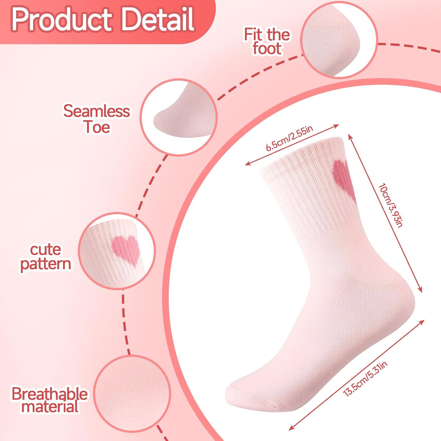 Girls Crew Socks, 8 Pairs Heart Striped Mid Calf Socks, Soft Breathable Cotton School Athletic Casual Wear