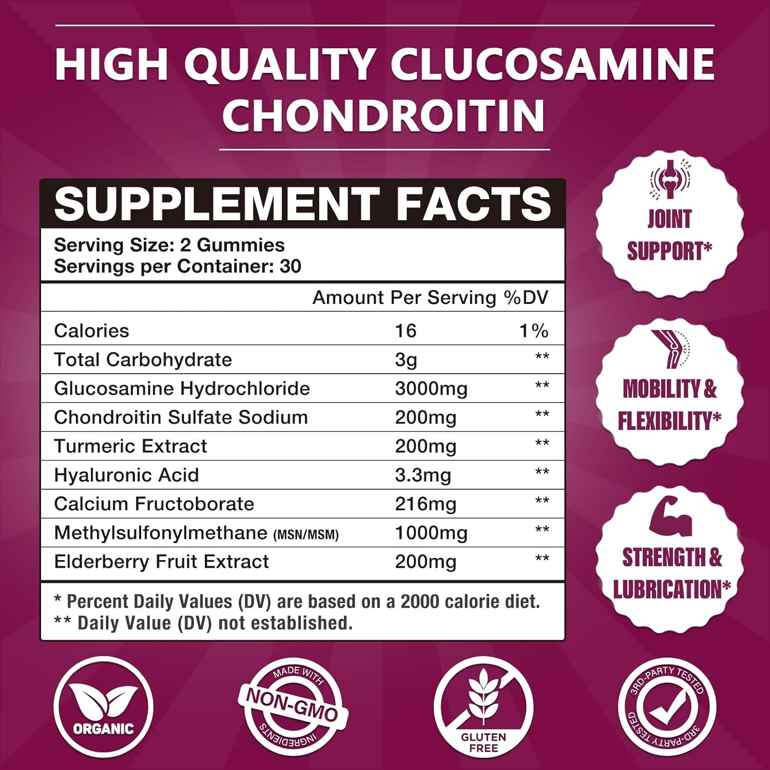 3 Packs 3000MG Glucosamine Chondroitin Gummies, Extra Strength Joint Support Supplement with MSM & Elderberry, Flexibility, Antioxidant Immune Support Gummy for Adults, Men & Women 180Cts - Image 2