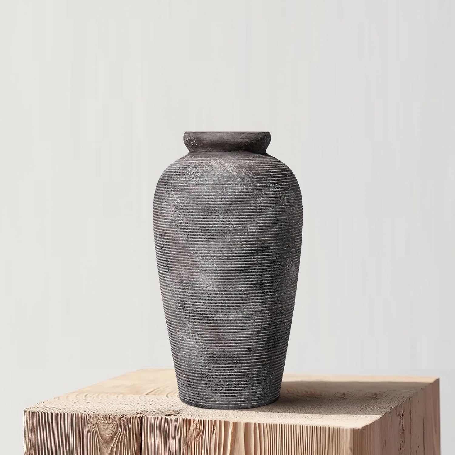 Large Rustic Terracotta Vase, 11 inch Tall Ceramic Flower Vase, Clay Farmhouse Decorative Vases for Flowers, Living Room, Shelf, Entryway, Home Decor, Grey - Image 4