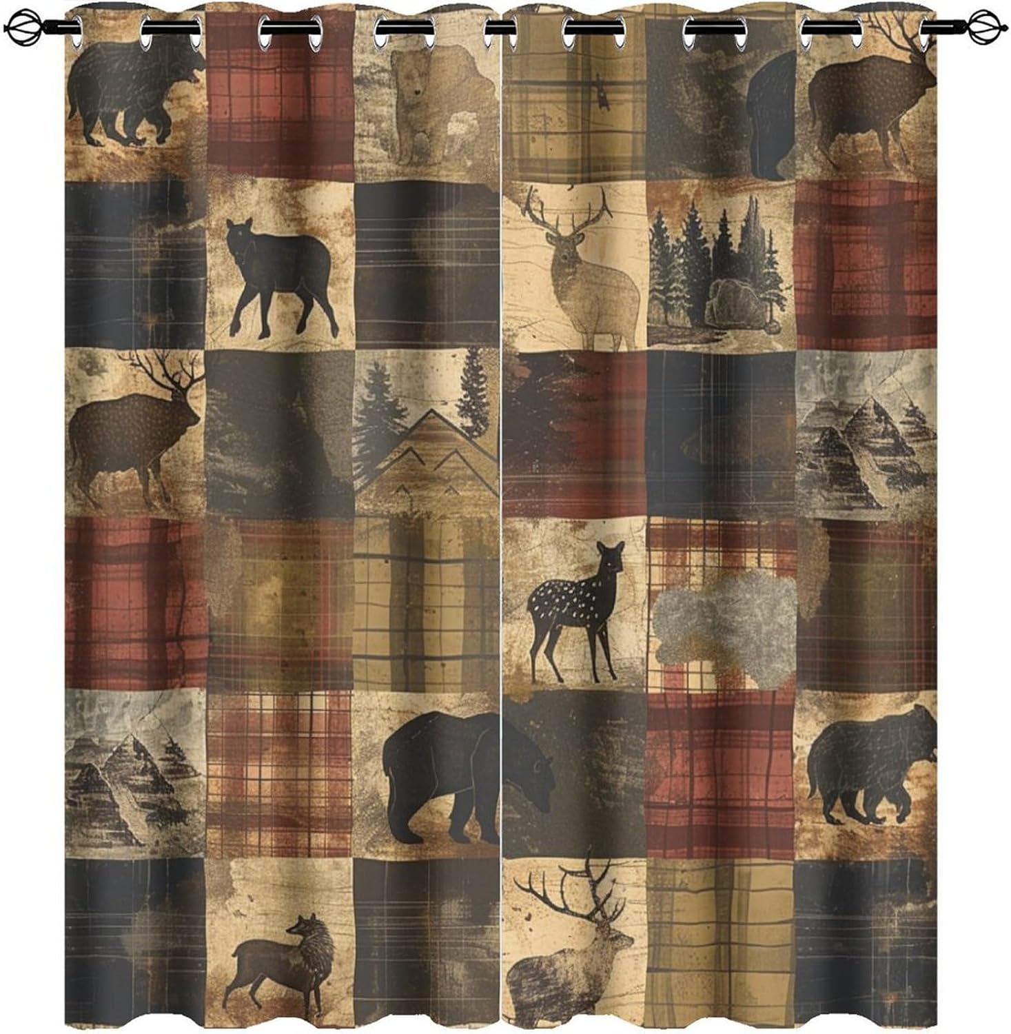 Farmhouse Elk Deer Grommet Blackout Curtains for Bedroom, Retro Rustic Animals Bear Thermal Insulated Curtains Room Darkening Window Drapes, 21W x 45L, 2 Panels
