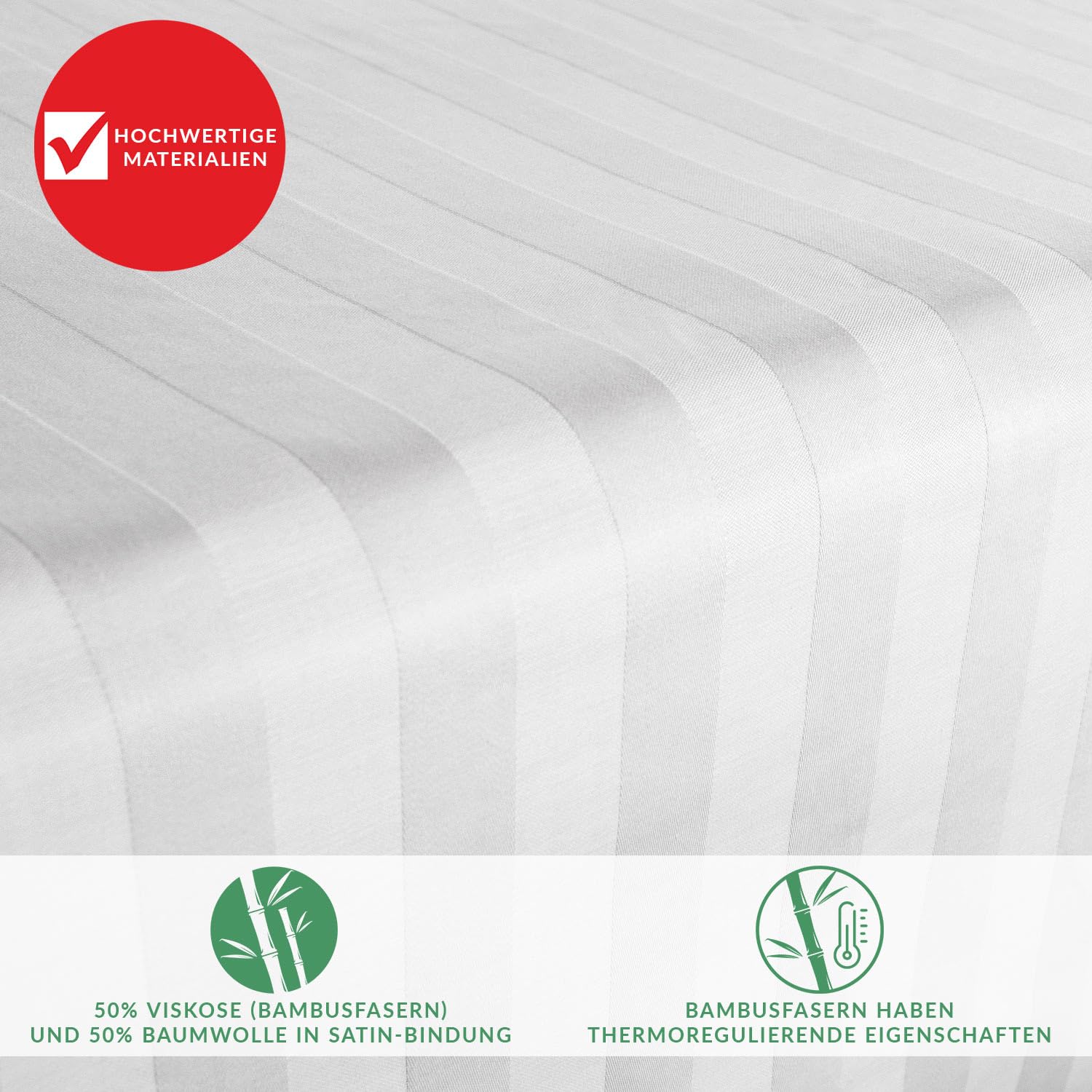 DarymexFlaches Laken ohne Gummizug, 220x260 cm, Satin, Weiß | Satiniertes Betttuch mit Streifenmuster, 50% Bambusviskose & 50% Baumwolle, weich, temperaturregulierend