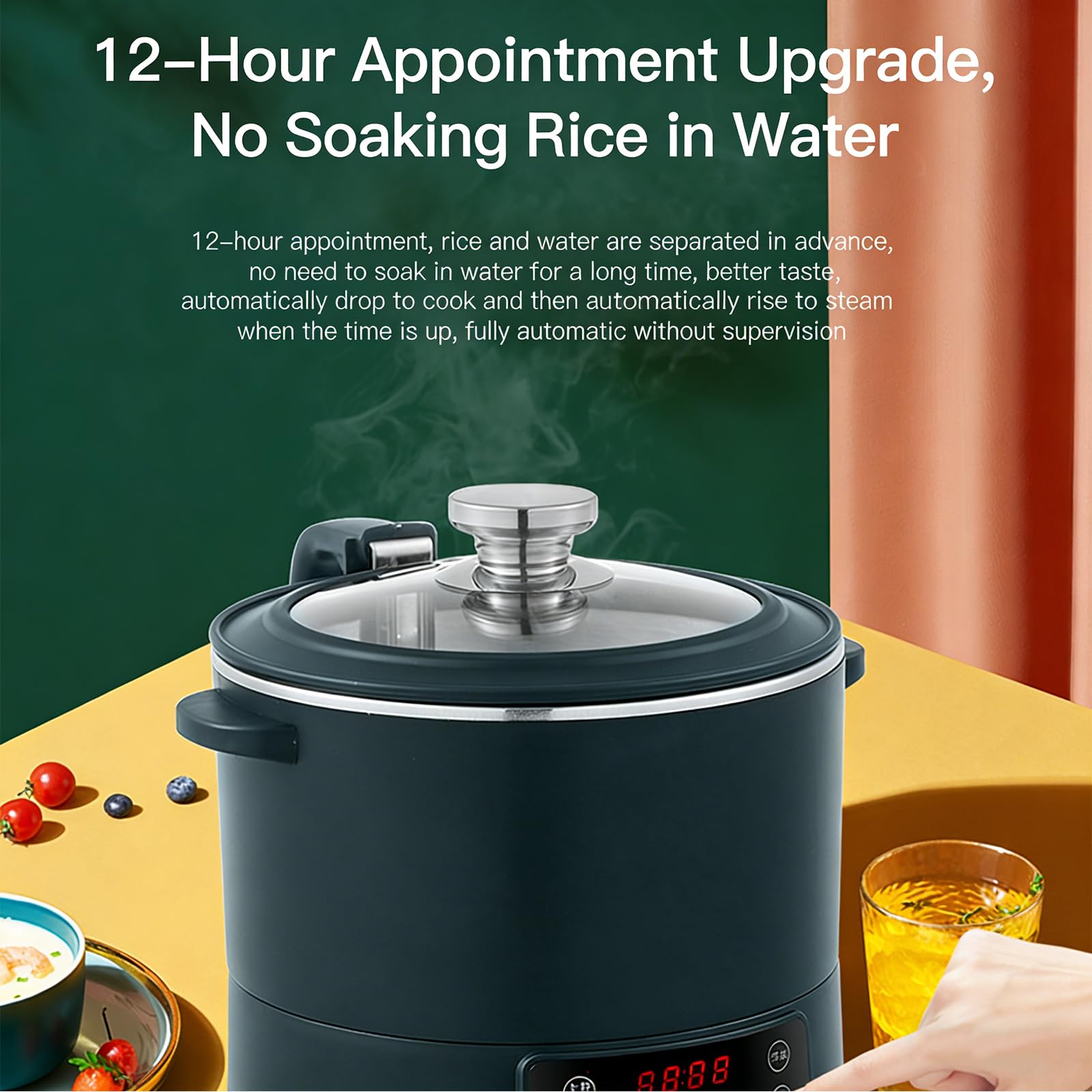 Cucina del Riso a Basso carboidrato (elevazione Auto), 3L 1500W Riscaldamento induzione, separazione Riso-Acqua (54% Meno amido), Timer 12H, Multifunzionale, Acciaio Inox 304