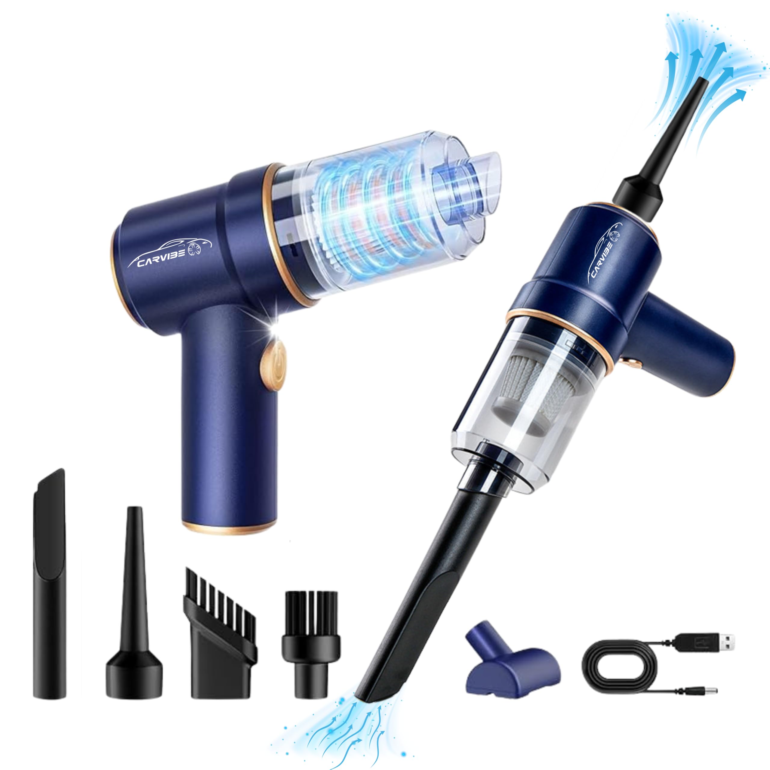 Carvibe Portable Handheld Cordless Car Vacuum Cleaner, 6 in 1 16000Pa Vacuum Cleaner and Air Duster with LED Lights and Multi-Nozzles, 120W High Power Rechargeable Vacuum for Car, Home, Office, Pet