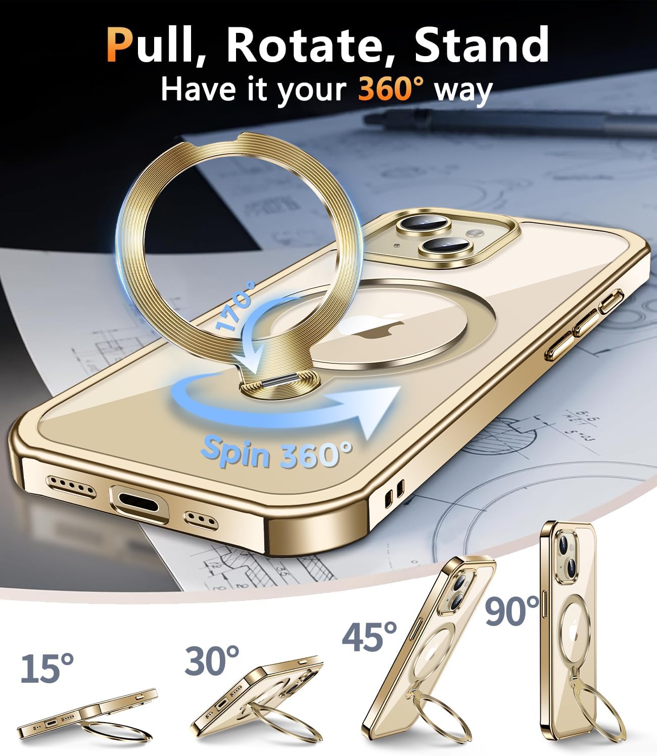 [360° Rotatable CD Stand & Built-in Privacy Screen Magnetic Case for iPhone 13 [Compatible with MagSafe & Full Signal] Mil-Grade Shockproof Full Body Anti-Spy Cover for 13-Gold - Image 2