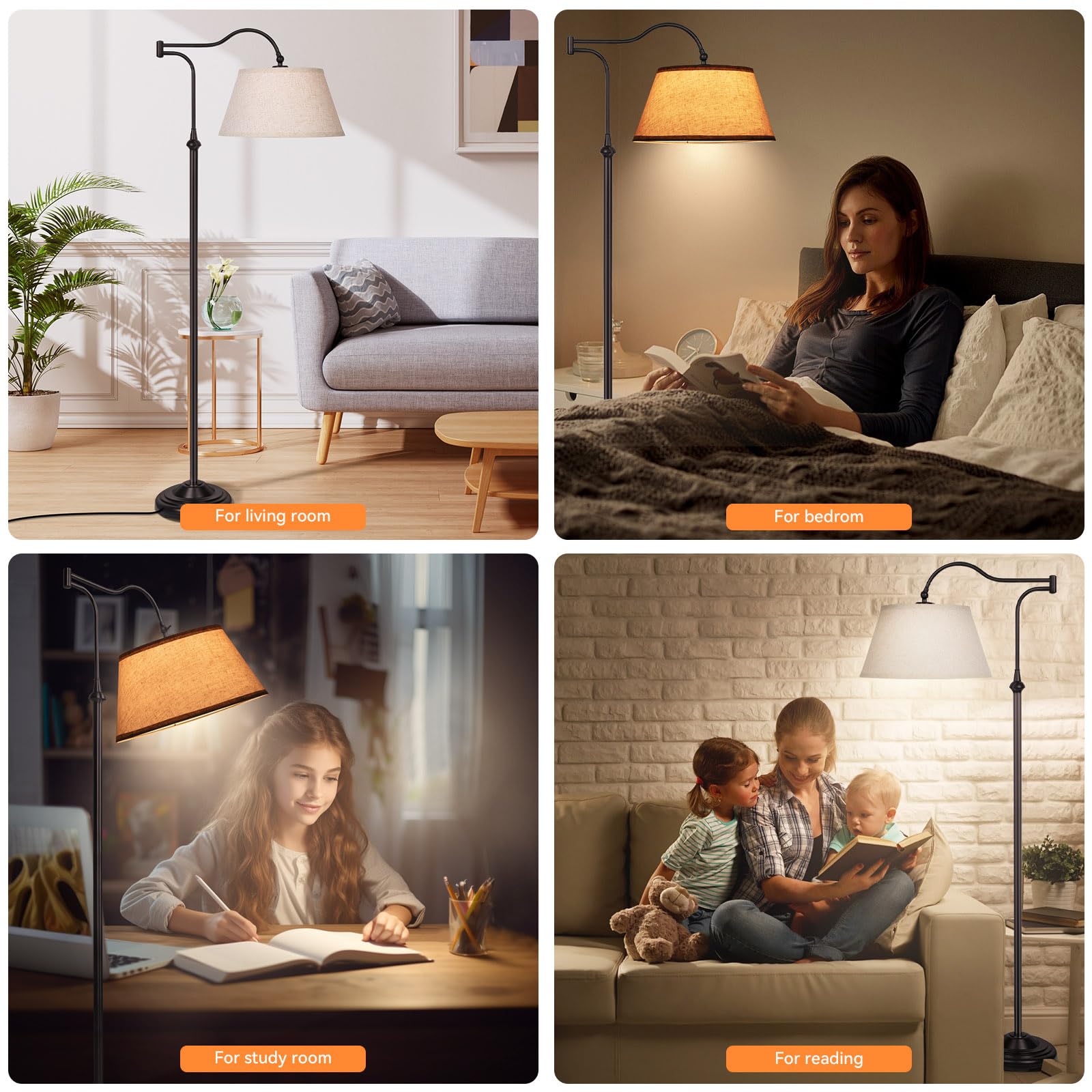 Lampa podłogowa z ramieniem obrotowym, lampy podłogowe łukowe z regulowanym ramieniem o zakresie 180° do salonu, lampa stojąca w stylu mid-century z lnianym kloszem, wysokie lampy do sypialni, salonu