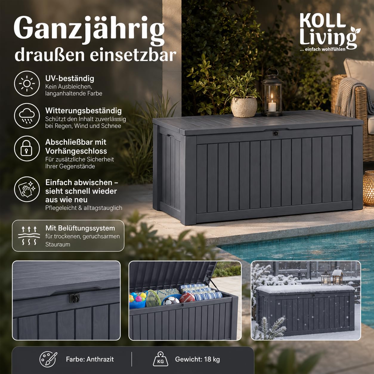 Cassapanca/cuscino Box koll Living 570 litri L 100% impermeabile L uebler con ventilazione non odore/muffa L moderno effetto legno L Deckel portata fino a 250 kg (2 persone)