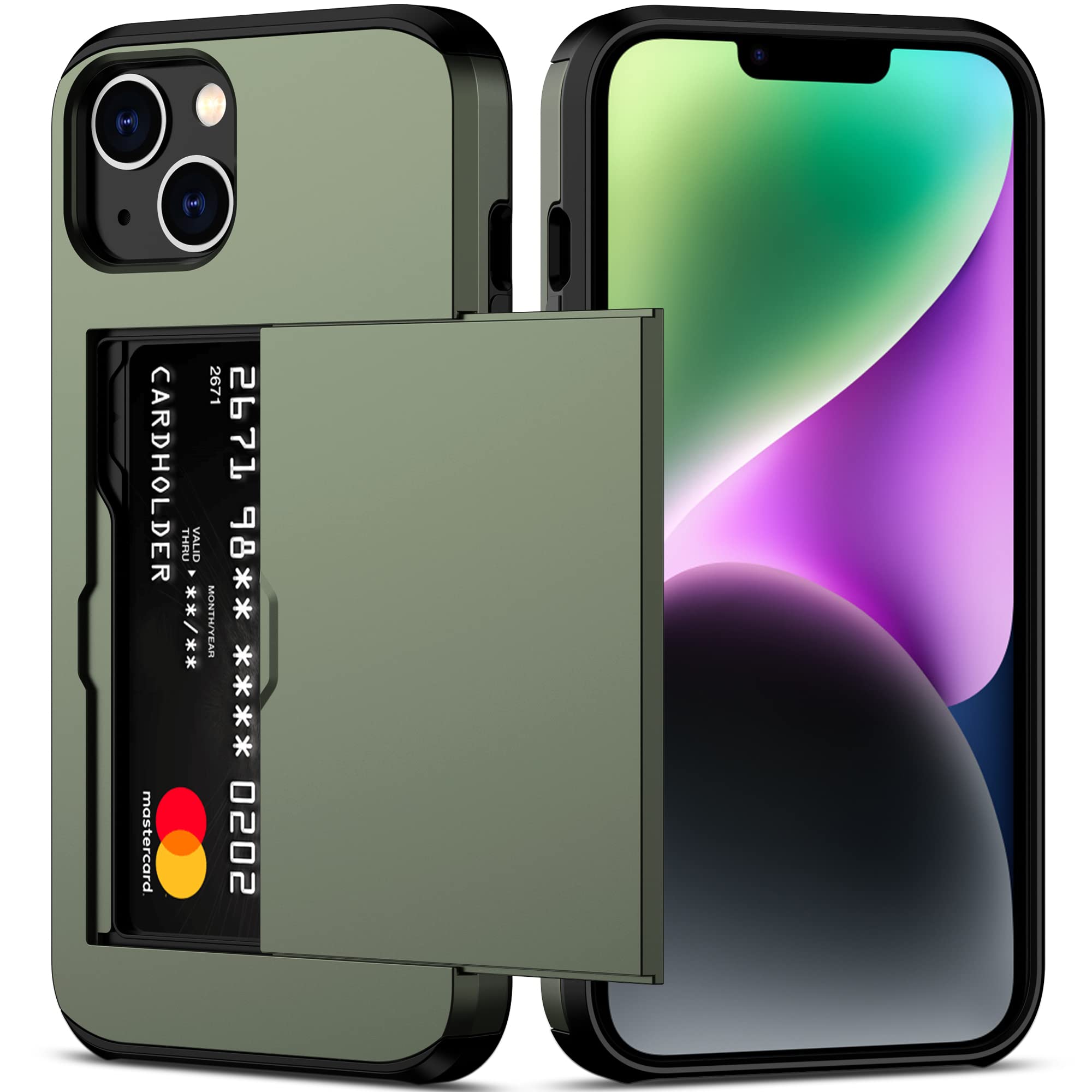 Nvollnoe for iPhone 14 Plus Case with Card Holder Heavy Duty Protective Dual Layer Shockproof Hidden Card Slot Slim Wallet Case for iPhone 14 Plus for Women&Men(Green)