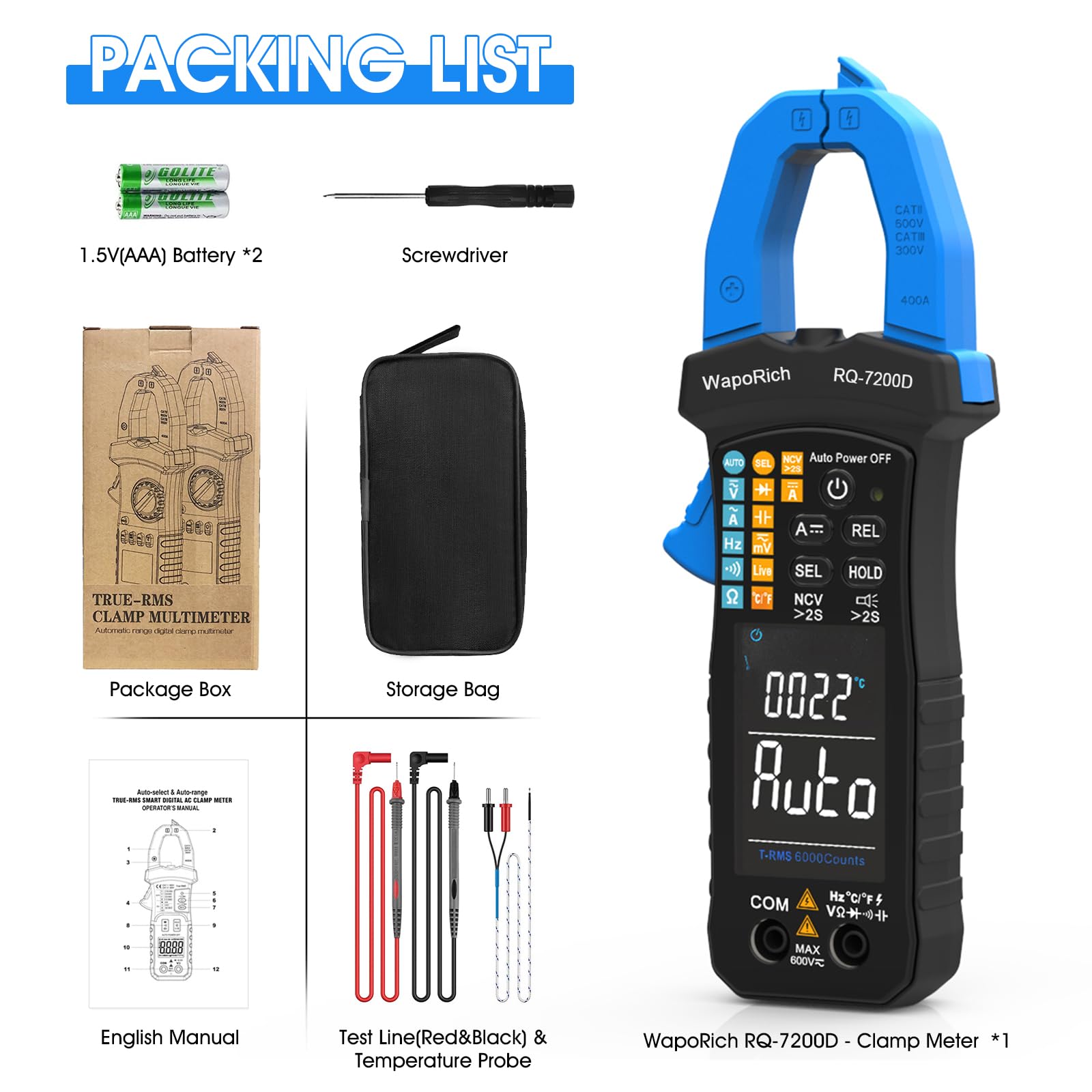 WapoRich Digital Clamp Meter TRMS 6000 Counts Multimeter RQ-7200D Auto Range NCV AC DC Voltage Current Resistance