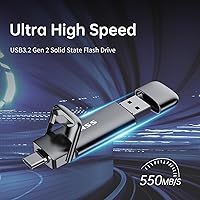 Vista 2 de SSK 1TB USB Drive, SSD externo rápido de 550MB/s de doble unidad 2 en 1 tipo C+ A USB3.2 Gen2 unidad SSD de estado sólido en formato lápiz