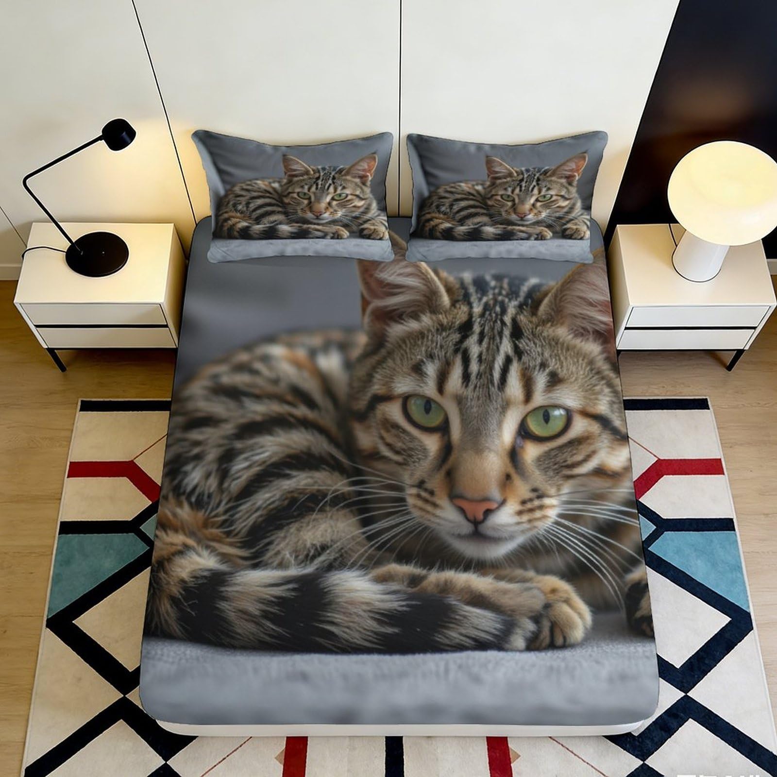 3D Printed Tabby Cat Fitted Sheet Microfiber Soft Decorative Striped Cat Mattress Cover for Bedroom Guest Room Dorm 90x200x25cm