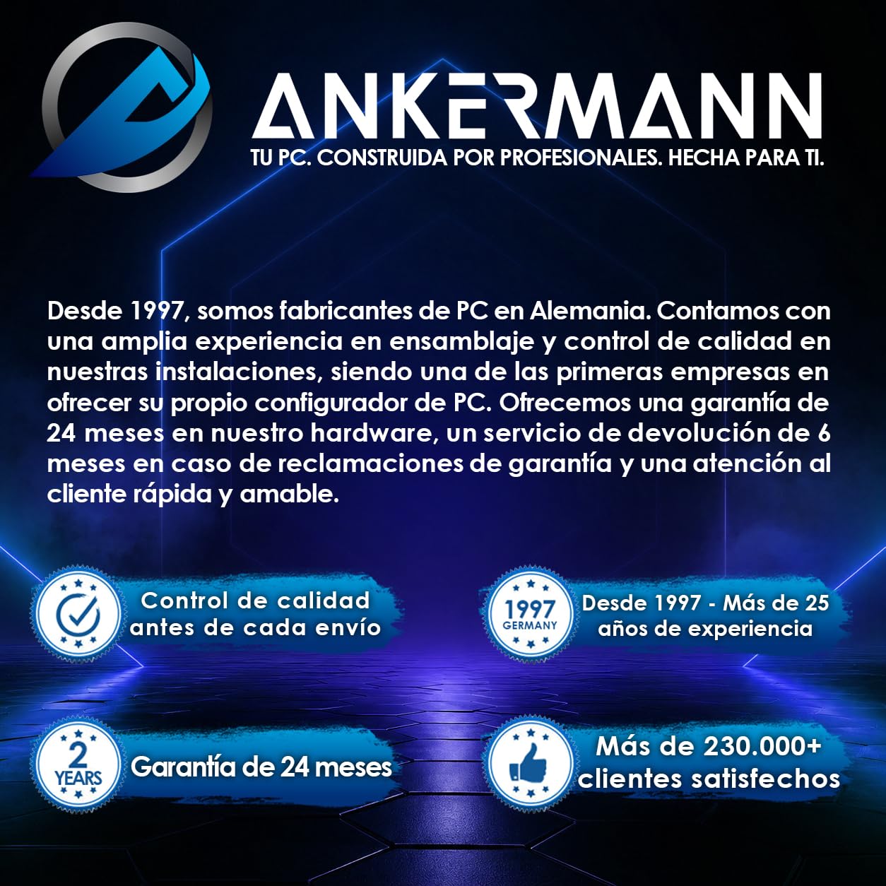 Ankermann Nexo PC Gaming RTX 5060 Ti 16GB Ryzen 5 9600X 32GB RAM | PC gaming de alto rendimiento, SSD NVMe 1TB, Windows 11 Pro, torre RGB, Wi-Fi y Bluetooth, garantía de 24 meses