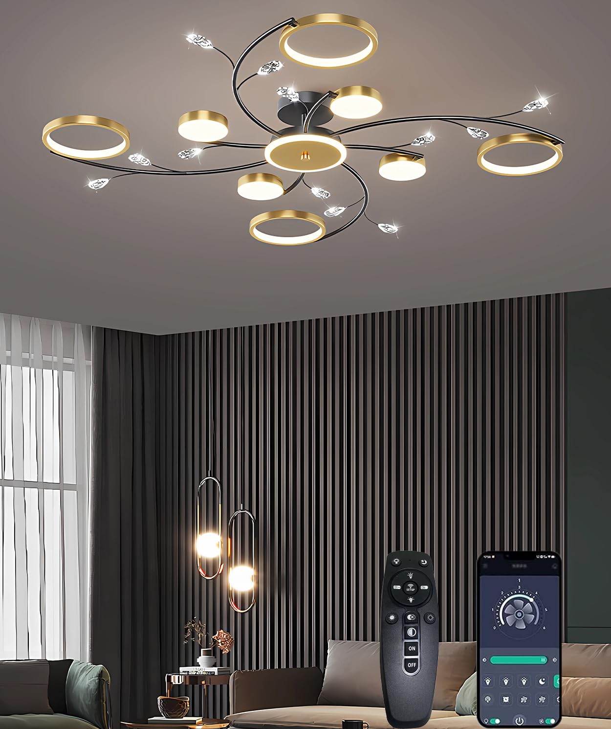 Ściemnialny kryształowy żyrandol LED ze zdalną regulacją 3000K-6000K 110W wielogłowicowa lampa sufitowa do salonu sypialni jadalni Energooszczędna ciepła chłodna biel (8+1 głowic)