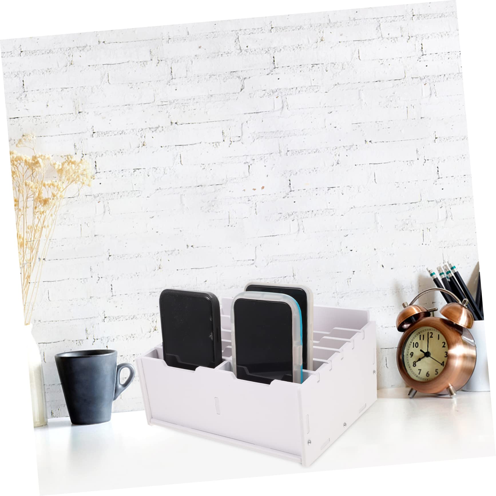 DOITOOL Organizador De Escritorio Caja De Almacenamiento 12 Compartimentos Madera Blanca Soporte Para Teléfono Celular Oficina Aula Orden y Clasificación