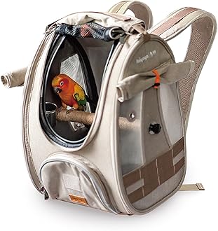 ibiyaya - BirdTricks TrackPack - Bird Backpack Carrier with Perch - Bird Carrier for Small Birds with Steel Feeding Bowl, and Breathable and Durable Material - Beige