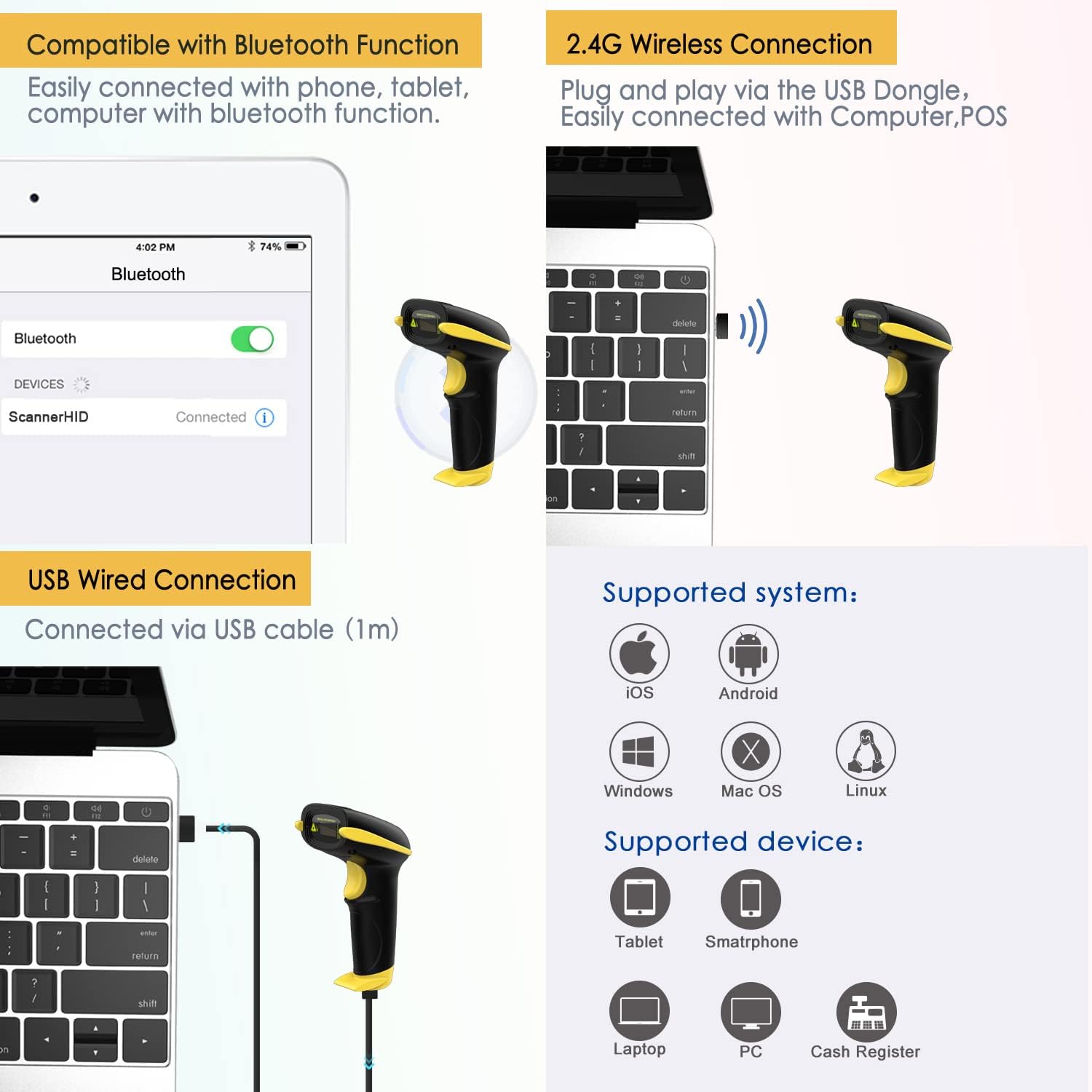 NADAMOO Wireless Barcode Scanner Compatible with Bluetooth, Handheld USB 1D Cordless Laser Bar Code Reader for Inventory, Work with Windows/Mac OS/Linux Computer, Made for iPhone, iPad, and Android