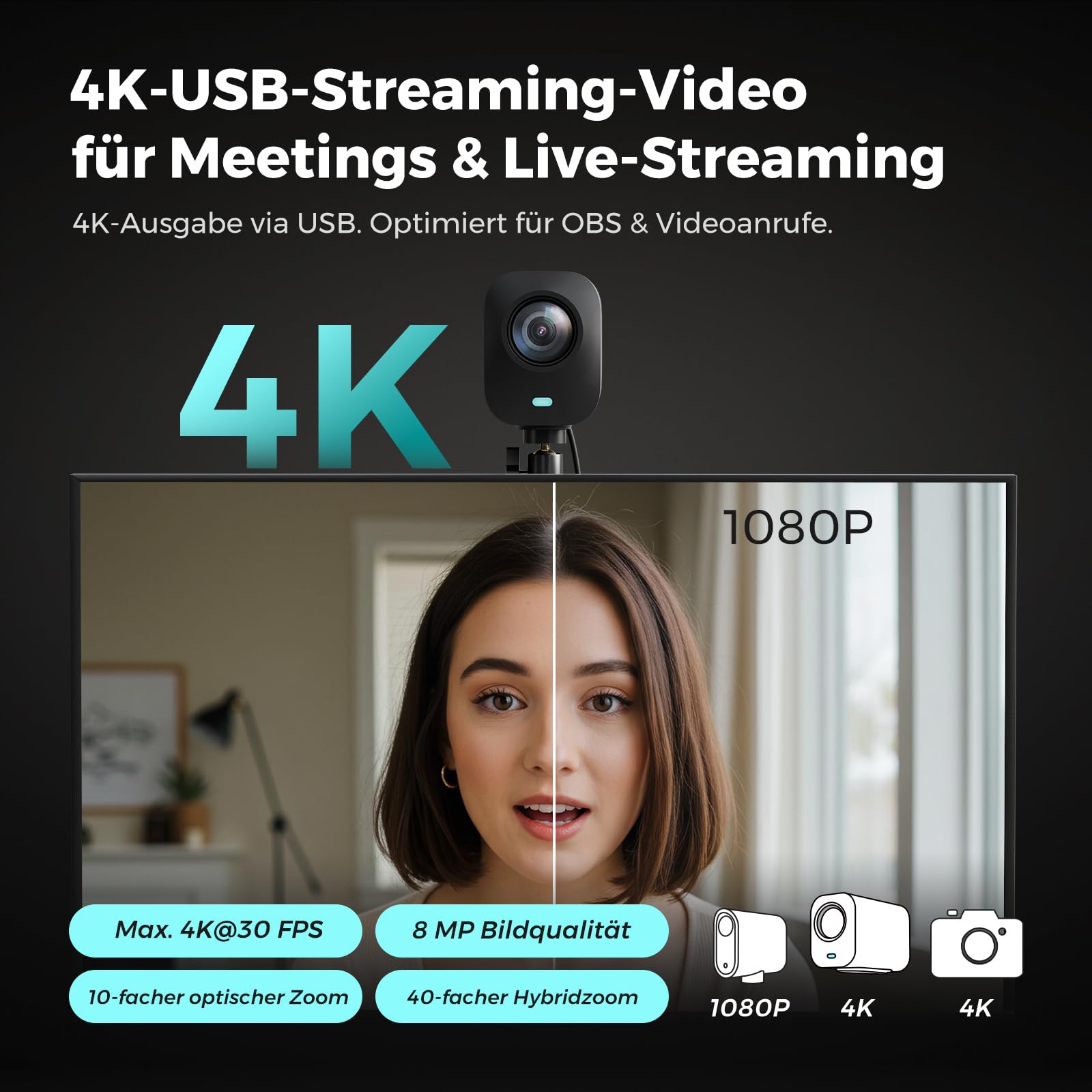 NearStream VM20 4K-Streaming-Kamera-Set mit Kabelanschluss, Stativ und 2 Super-Klemmen, 40-facher Hybrid-Zoom, Multi-Kamera-Paket für Podcasts, Gottesdienste, Interviews und Zoom