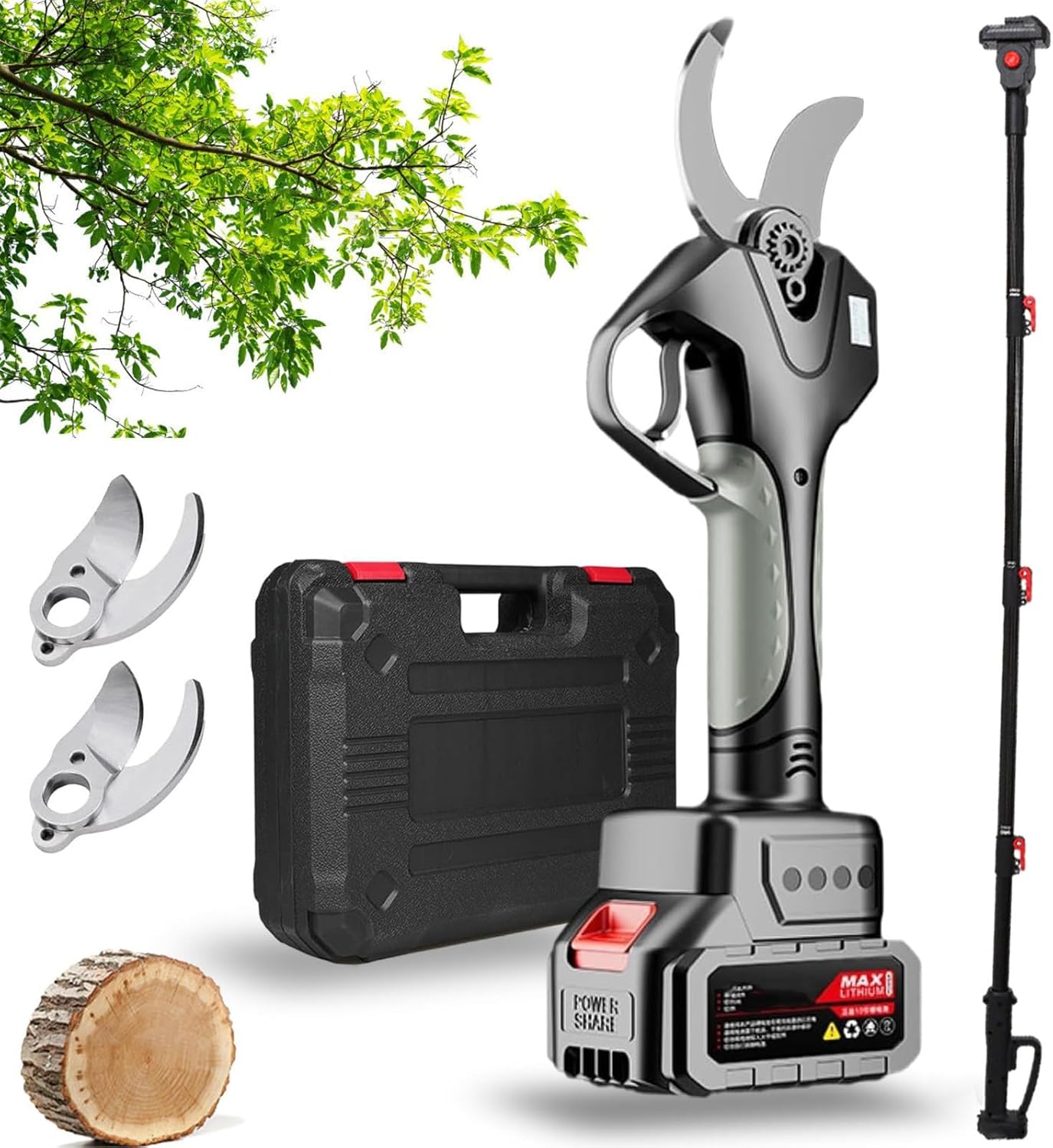 Electric Scissors For Tree Trimming - Cordless Pruning Shears With 2.1M Pole, LCD Display, 50mm Capacity For Orchard & Heavy Duty Gardening(1 Battery)