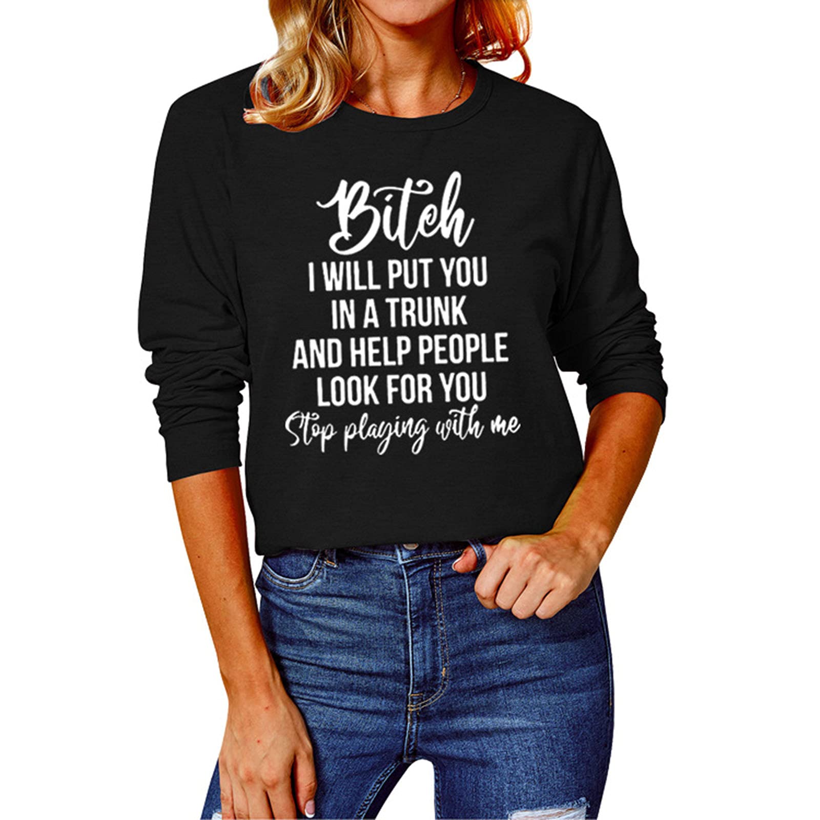 SLYZ Autumn Women's Long Sleeved T Shirts, Women's Letter Off Print Tops, Women's Round Neck Loose Bottoming T Shirts