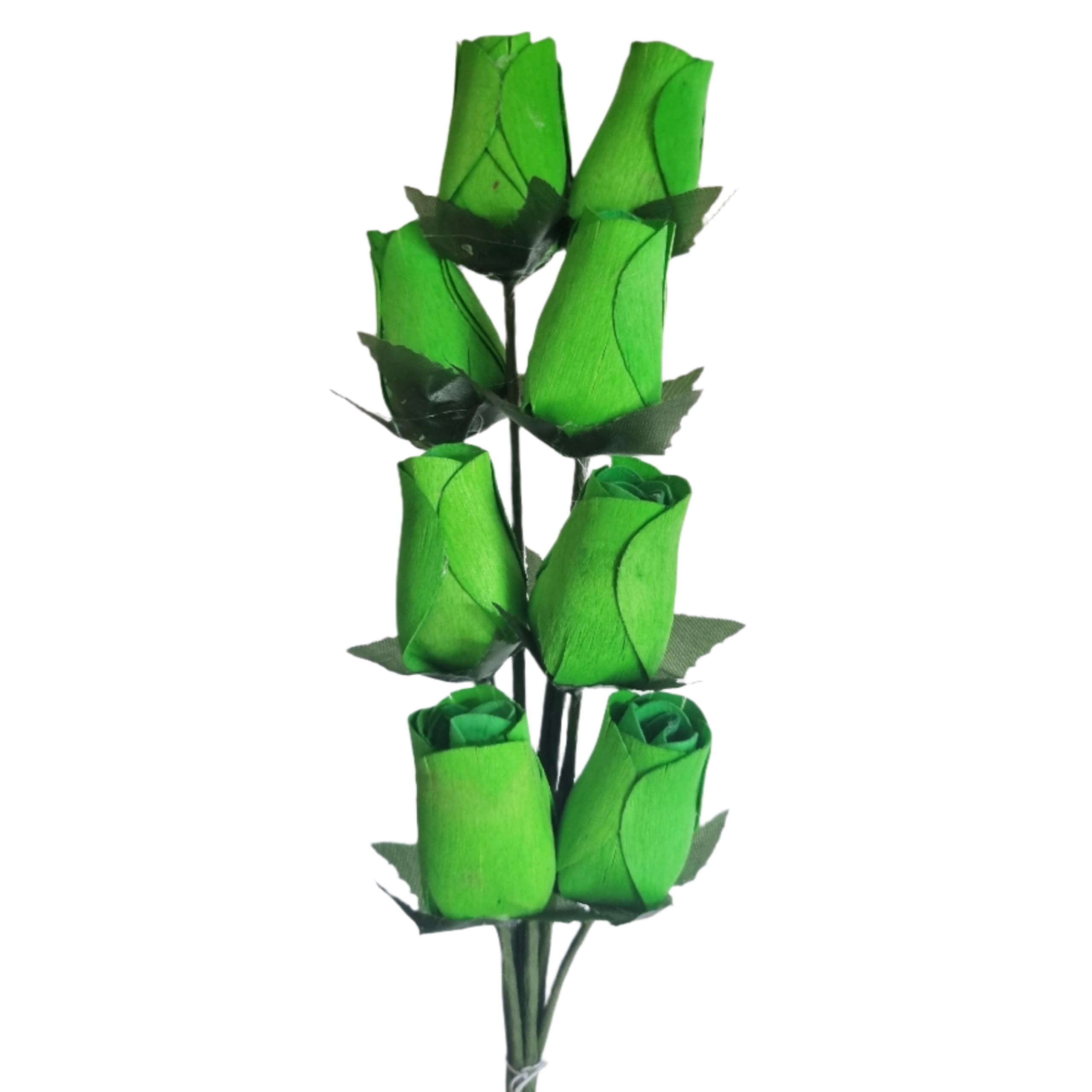 Homestreet Wooden Roses In Many Colours - 8 Single Rose Bud Stems Tied In A Bunch - Quality Small Flower Display (Light Green)
