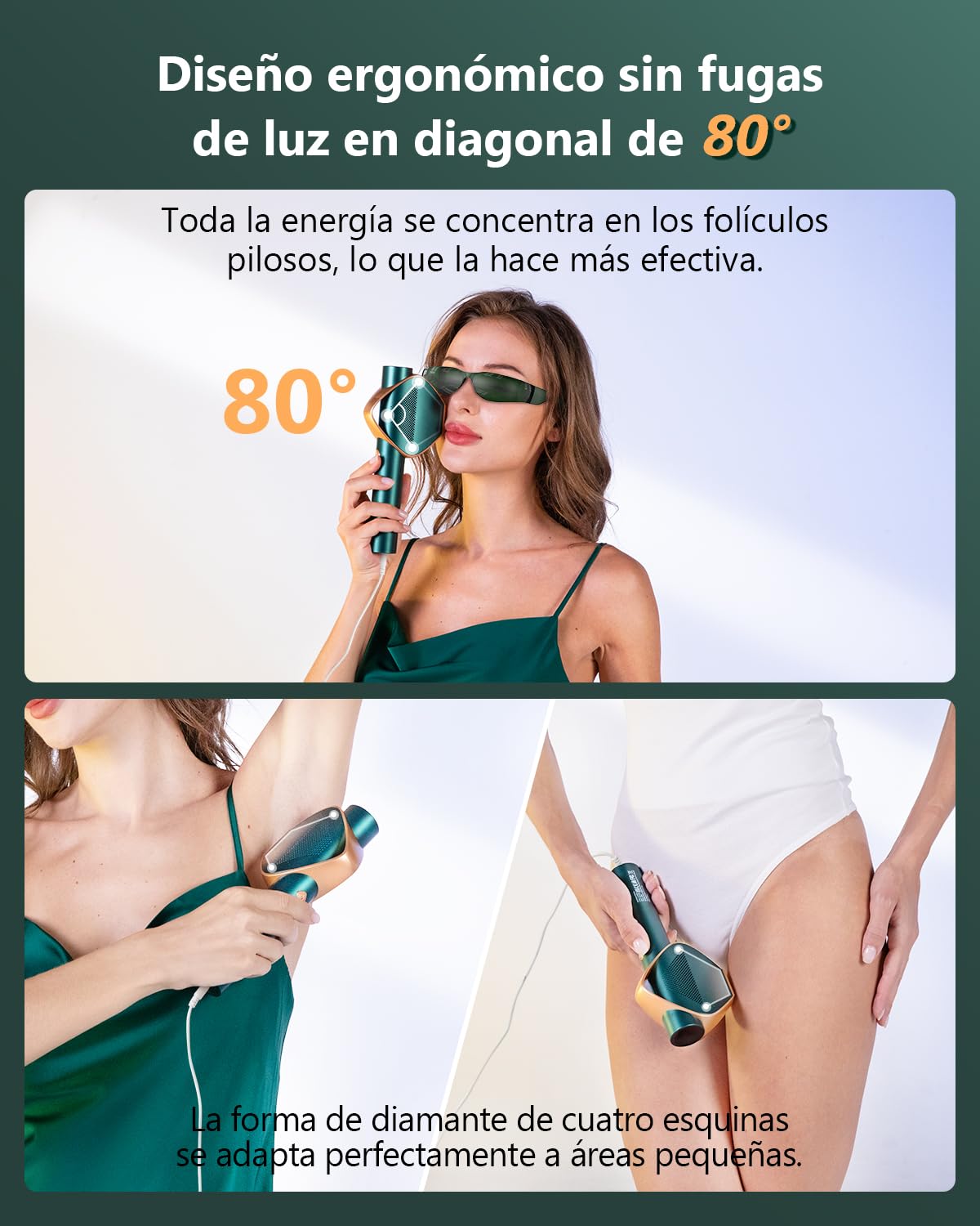 21J Depiladora Laser con Tecnología IGBT Fast Flash de 0,8s, Parpadeo Ilimitado Depiladora Luz Pulsada mujer de 600-1200NM, 3 Unique Modes Laser Depilacion Cara, Bikini, Cuerpo, Oro Verde